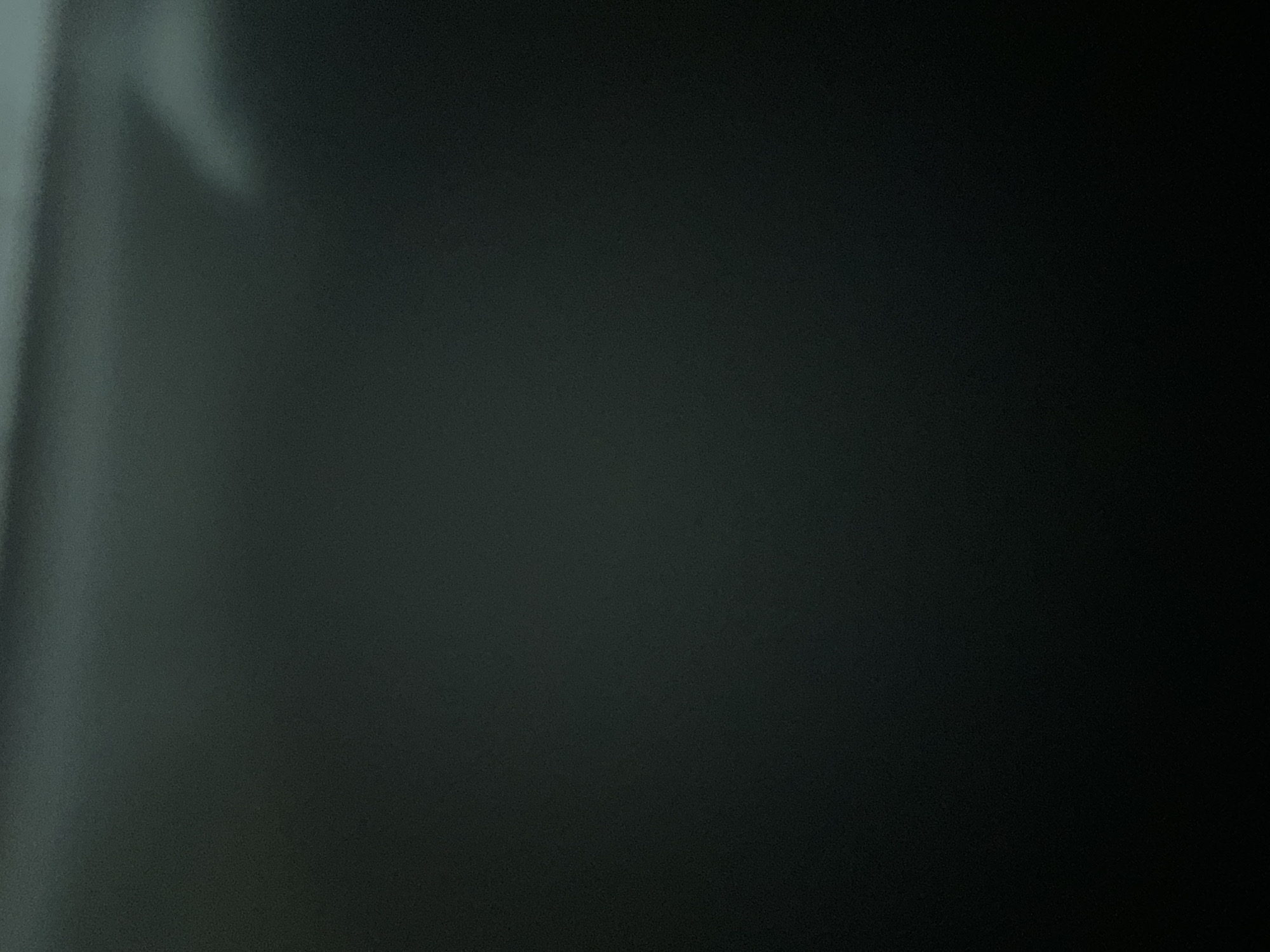 The image is a close-up, blurred shot of a dark, textured surface. Light reflects off the surface in a diagonal streak from the upper left to the center. The colors are predominantly dark grays and blacks, with some muted greenish tones visible in the lighter areas. There are no discernible subjects, objects, activities, or text. The image appears to be abstract due to its lack of focus and detail.