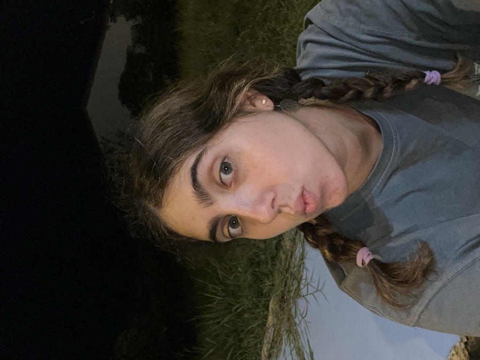 A young adult female is depicted in a close-up, waist-up shot at night in Thap Sakae, Thailand. She has long, wavy, medium-brown hair styled into two braids, each secured with a light purple elastic band. Her light-colored eyes, appearing blue or green, gaze directly forward, and her lips are pursed in a pout. She wears a plain, short-sleeved, light grey or faded olive-green t-shirt. Her visible right ear features a small stud earring in the upper lobe and a larger, dark, ornate dangle earring in the lower lobe. The background is dimly illuminated, revealing patches of tall green grass in the lower left and a light-colored, possibly concrete, surface. In the upper right, the dark silhouette of a structure with a sloped roofline is visible against the dark night sky, partially obscured by dark foliage.