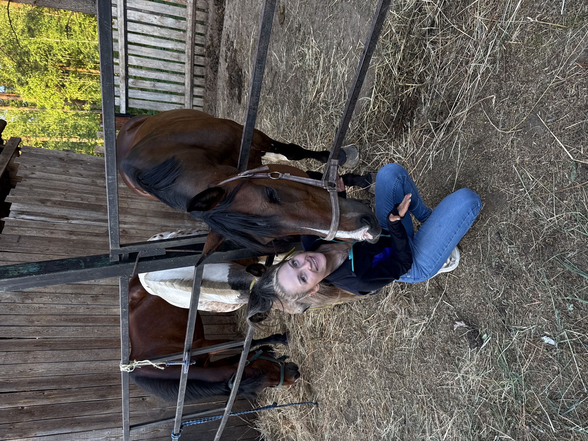 A young woman with blonde hair pulled up in a bun, wearing a black jacket and blue jeans, is kneeling in a horse stable. She is smiling and looking up at the camera, with her head near the heads of two horses. One horse is a dark brown color, and the other is a lighter brown with a white muzzle. The horses are standing behind a metal fence. The stable has a wooden structure in the background and is covered in straw on the ground. The scene appears to be outdoors in a rural setting, possibly the outskirts of Chaikovsky, Russia, given the natural light and the presence of trees in the background.