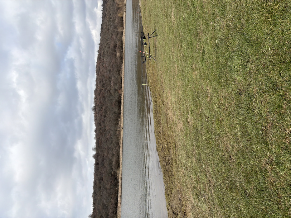 The image presents an outdoor scene depicting a body of water and a forested hill, situated in Cherna Gora, Bulgaria. The foreground comprises a stretch of green grass, interspersed with areas of drier, lighter vegetation, terminating at a muddy, sparsely vegetated bank bordering the water. A black, three-legged fishing rod pod, holding three dark fishing rods equipped with electronic bite alarms (one with a yellow indicator, one with a red), is positioned on the grass to the right of the frame's center, facing the water. Two slender, yellow-tipped marker poles are partially visible near the water's edge; one to the left of the rod pod and another further to the right. The midground features a calm, greenish-grey body of water with minor surface ripples. The opposing bank is lined with tall, dried reeds. The background consists of a gentle hillside densely covered with leafless deciduous trees, exhibiting a reddish-brown coloration. The sky is uniformly overcast with grey cloud cover. No individuals are present.