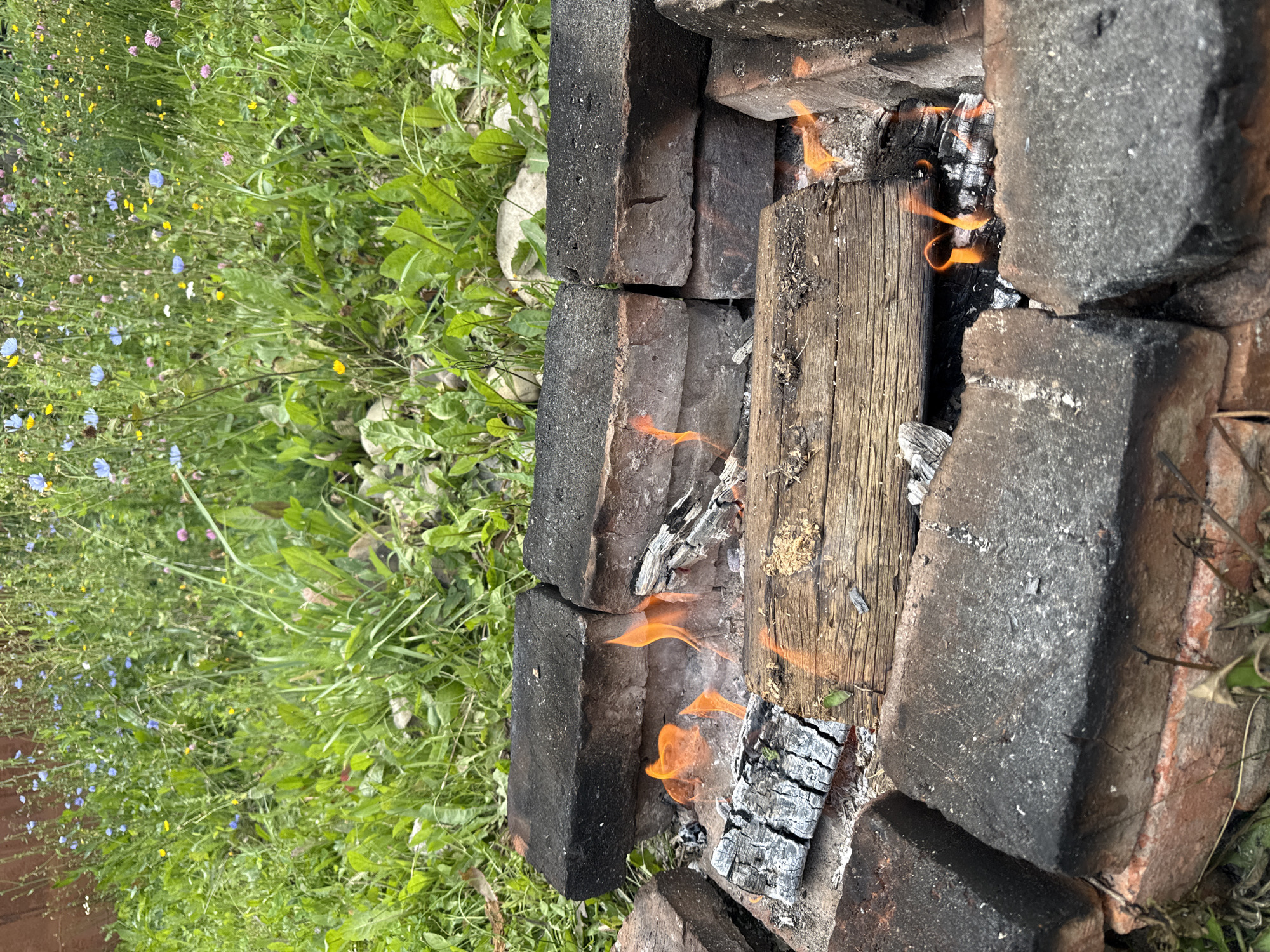 A close-up, vertical, outdoor shot shows a small bonfire made of logs and embers contained within a makeshift fire pit constructed from dark, weathered bricks. The fire pit is situated in a grassy area with scattered wildflowers. The background is filled with a dense patch of green grass and a variety of small wildflowers, including blue, yellow, and pink blossoms. The bricks of the fire pit appear aged and are blackened from the fire. The flames are a vibrant orange, and smoke rises from the burning wood. The scene suggests a rustic outdoor setting, possibly a backyard or a campsite.