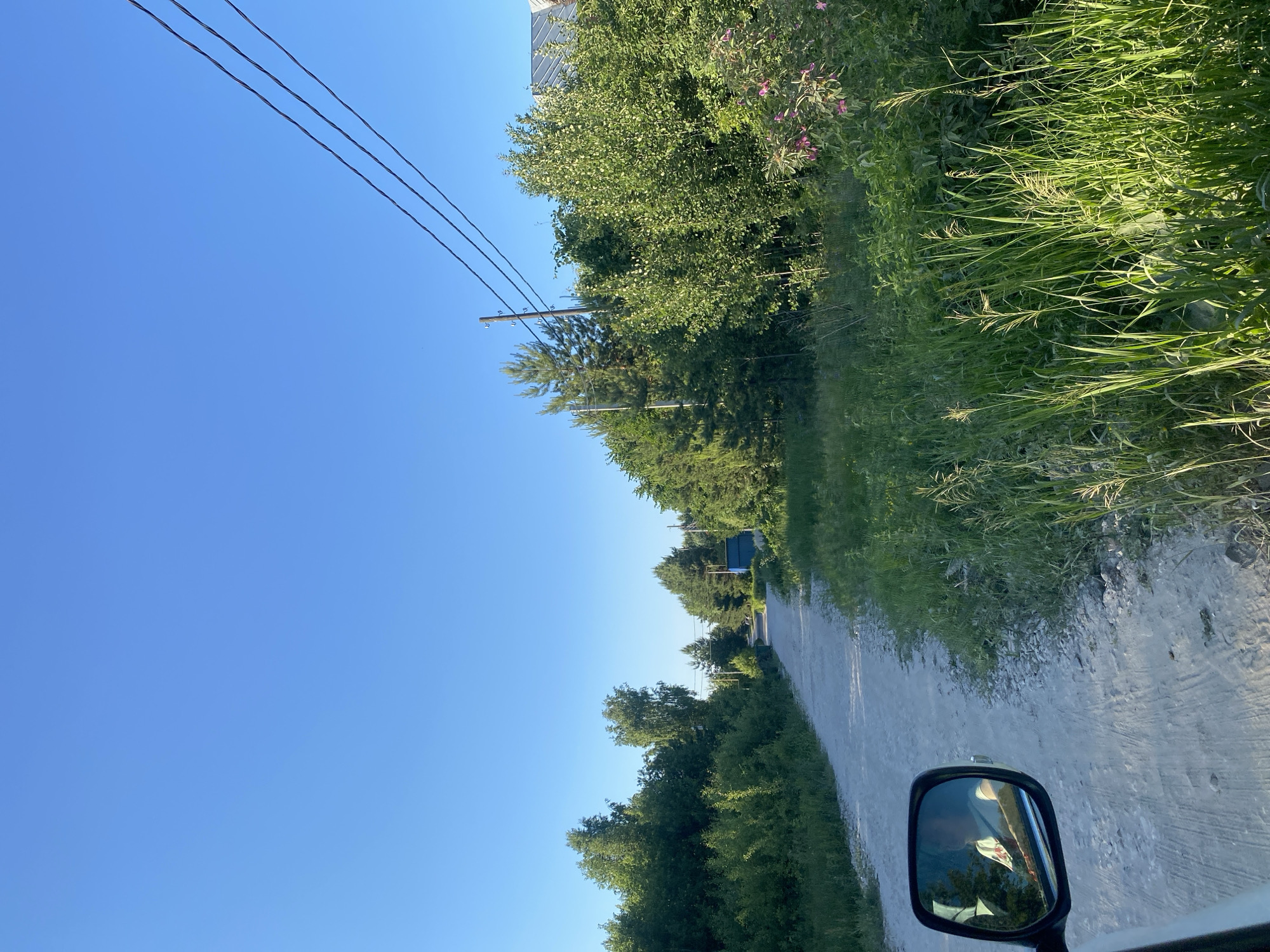 The image depicts a view from a vehicle traveling on a dirt road in a rural area, likely on the outskirts of Volzhsk, Russia. The road is unpaved and appears to be made of gravel and dirt, with tall green grass growing along its sides. Dense green trees and bushes line the road, creating a natural, somewhat overgrown environment. In the distance, a blue structure, possibly a small shed or outbuilding, is visible amongst the trees. Overhead, three dark electrical wires are strung across the clear blue sky. The reflection in the side-view mirror of the vehicle shows a person, partially obscured, wearing a light-colored shirt, and the interior of the car. The scene suggests a peaceful, natural setting with signs of human habitation and infrastructure.