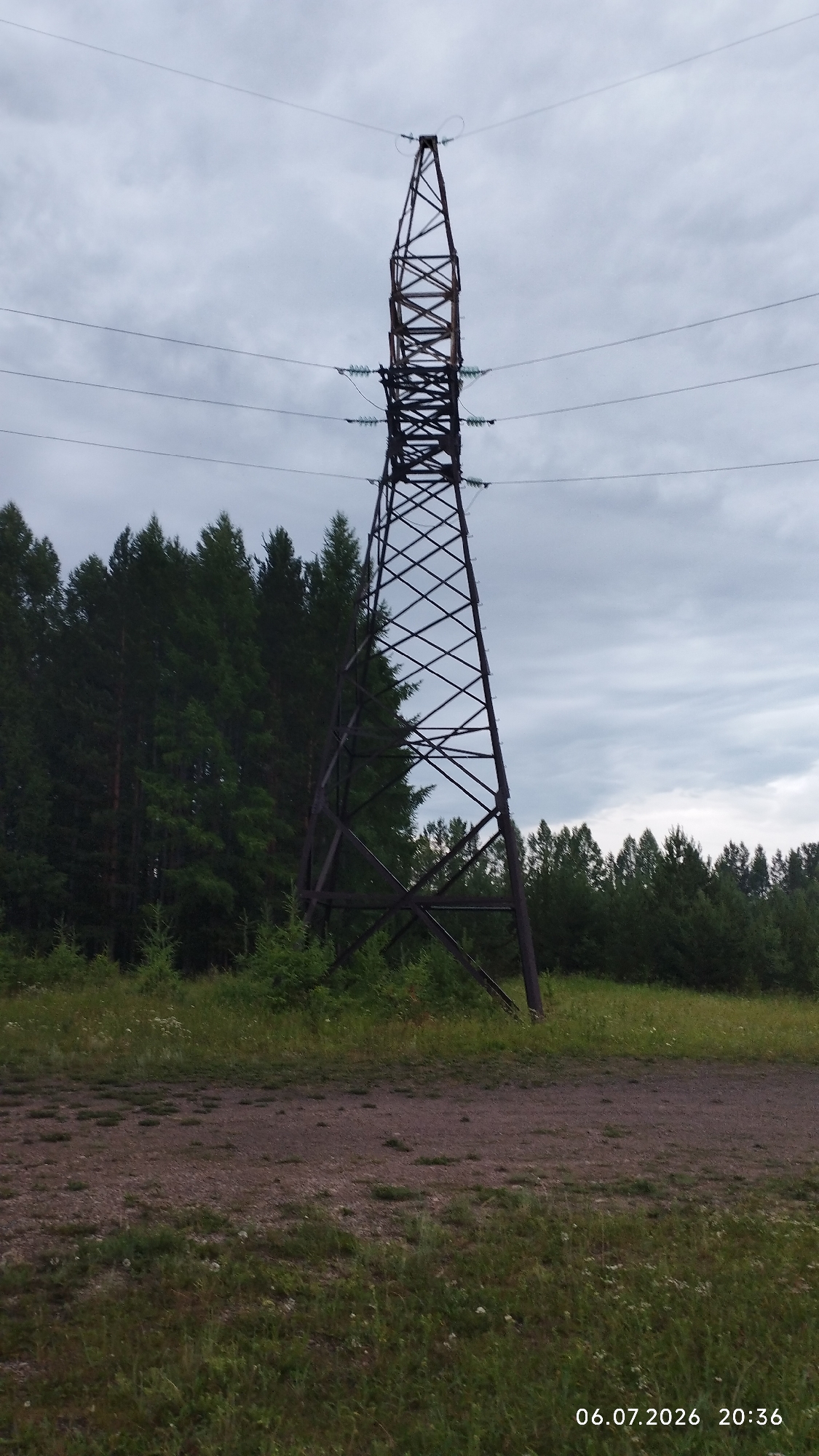 The image shows a tall, dark metal electricity pylon against a cloudy sky. The pylon is constructed from a lattice of metal beams and supports several power lines. To the left of the pylon, a dense forest of evergreen trees stretches across the horizon. The foreground consists of a dirt path and grassy areas dotted with small white flowers. The scene is set in a natural, rural environment.
The time of day is indicated by the timestamp "20:36" and the overall lighting suggests it is late evening or dusk. The sky is overcast, indicating cloudy weather. The location is identified as Покосное, Russia. There are no people or animals visible in the image, and no specific activity or event is taking place. The overall mood is somewhat somber due to the cloudy sky and the presence of the large industrial structure in a natural setting.
The timestamp "06.07.2026" is also visible in the bottom right corner of the image.