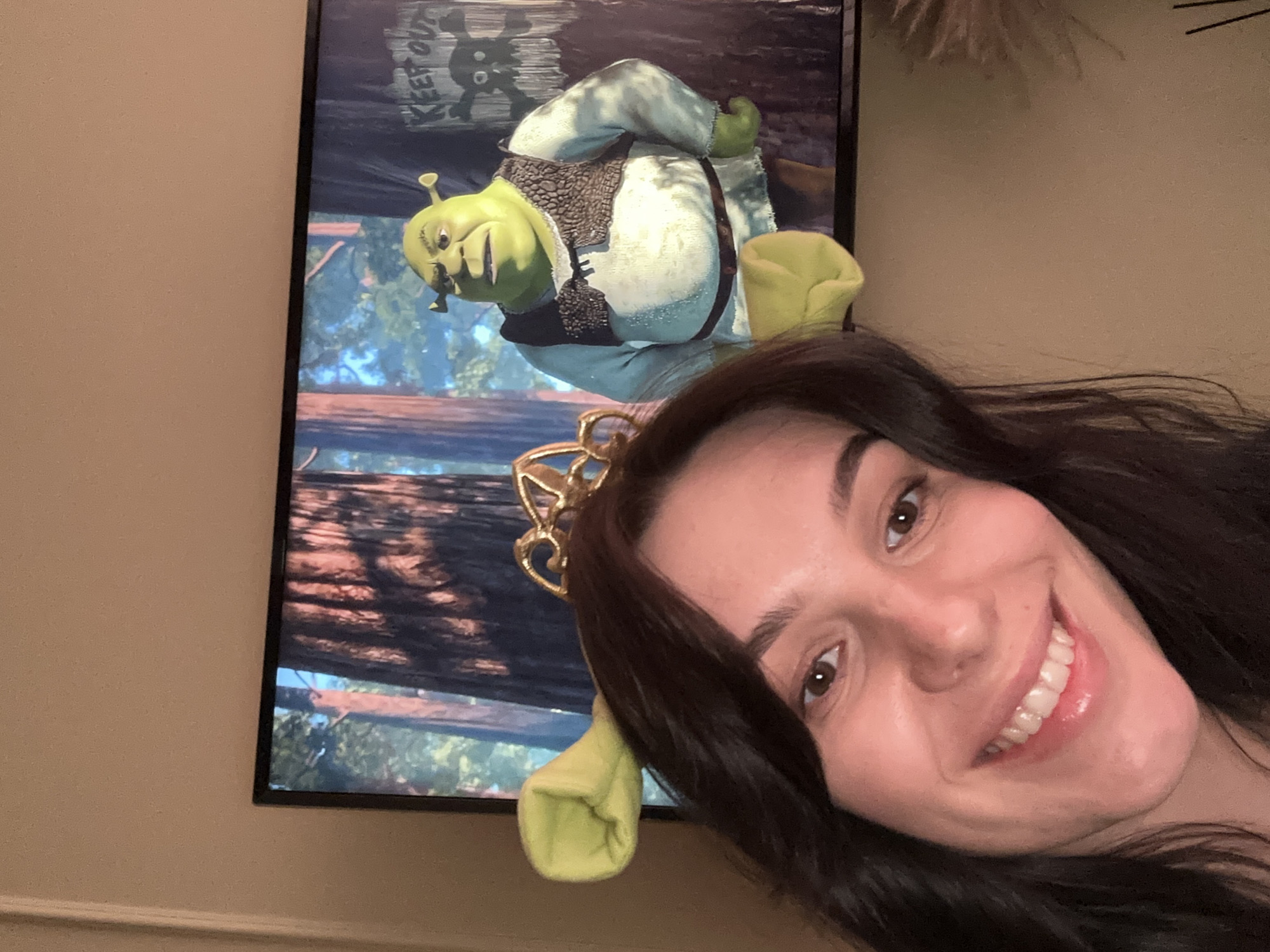 A selfie of a smiling woman with dark hair, wearing a golden crown and green plush ogre ears, is in the foreground. In the background, a flat-screen television displays a scene from the animated film "Shrek," featuring the character Shrek. The location is a room with light-colored walls. There is no information to indicate that the location is in the city of Chaikovsky, Russia.