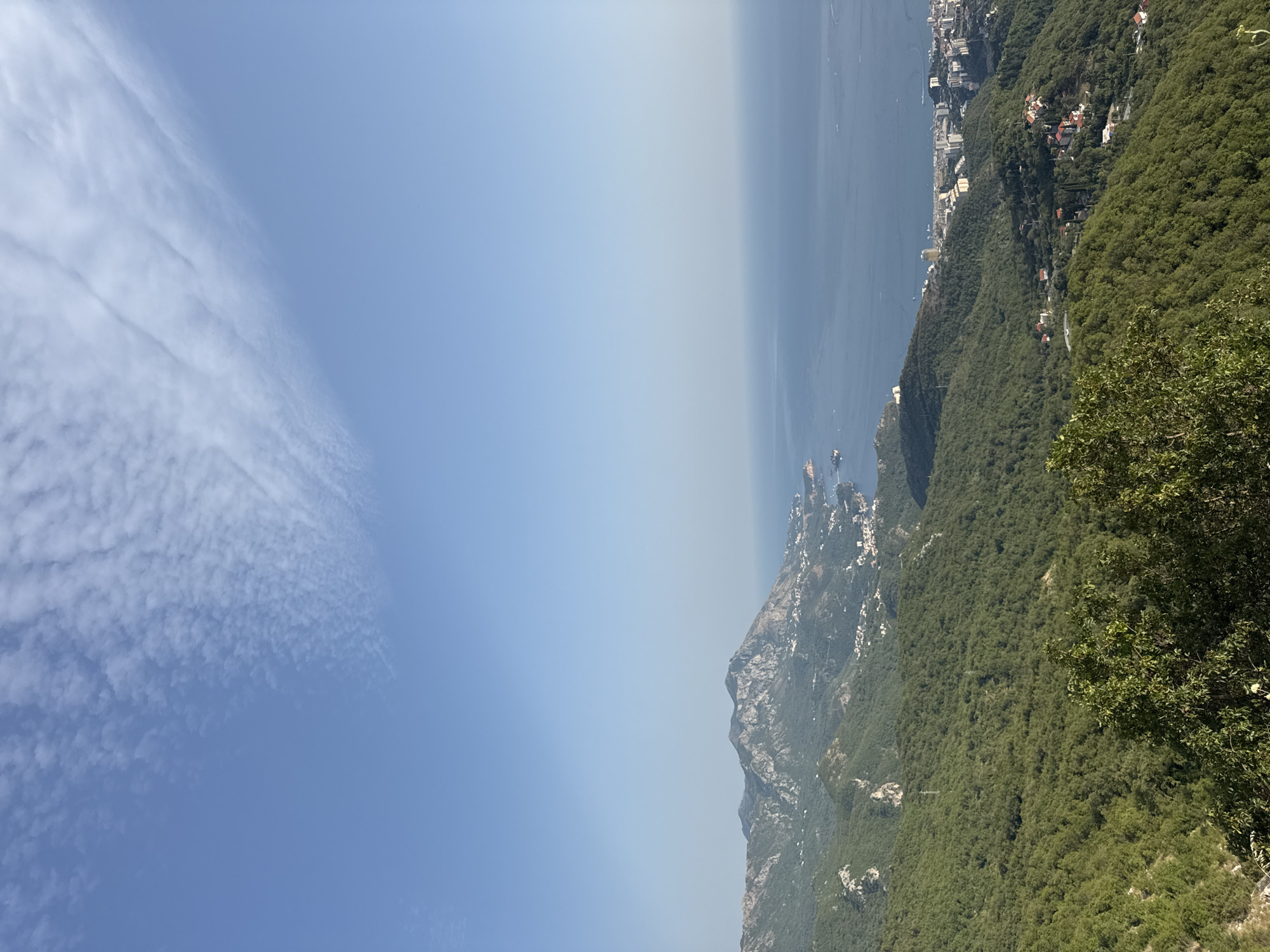 The image shows a panoramic view from a high vantage point overlooking the city of Brajici, Montenegro, and the Adriatic Sea. In the foreground, lush green trees and vegetation cover the rolling hills. As the view recedes, the landscape transitions to rugged, rocky mountains dotted with scattered buildings. The mid-ground reveals the coastal town of Brajici, characterized by its densely packed architecture, including white and terracotta-roofed houses clinging to the hillsides, and taller, modern buildings closer to the water. The Adriatic Sea stretches out to the horizon, appearing as a calm, deep blue expanse. Several boats are visible on the water. The sky is clear with a few wispy white clouds, suggesting a bright, sunny day. The overall scene depicts a scenic coastal landscape with a blend of natural beauty and urban development.