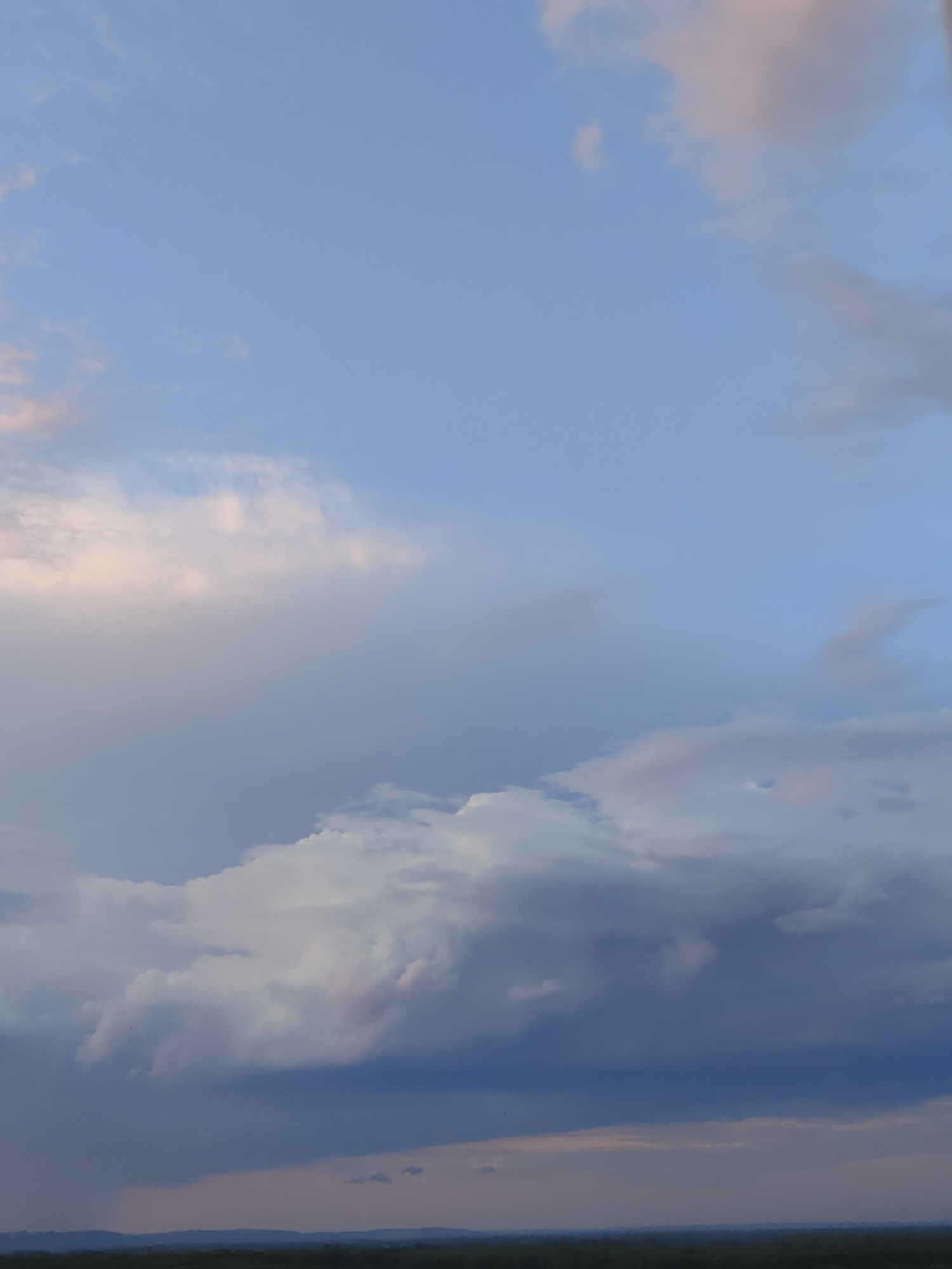 The image shows a wide shot of a partly cloudy sky over a landscape. The sky is a mix of light blue and gray clouds, with some hints of pink and orange from what appears to be either sunrise or sunset. The clouds are varied in density and texture, with some appearing fluffy and white, while others are darker and more ominous, suggesting potential rain. The lower portion of the image is dominated by a dark, hazy line representing the horizon, beyond which a dark green, forested area is visible. The overall impression is of a dynamic and atmospheric sky over a natural landscape. There are no people, buildings, or specific landmarks identifiable in the image.