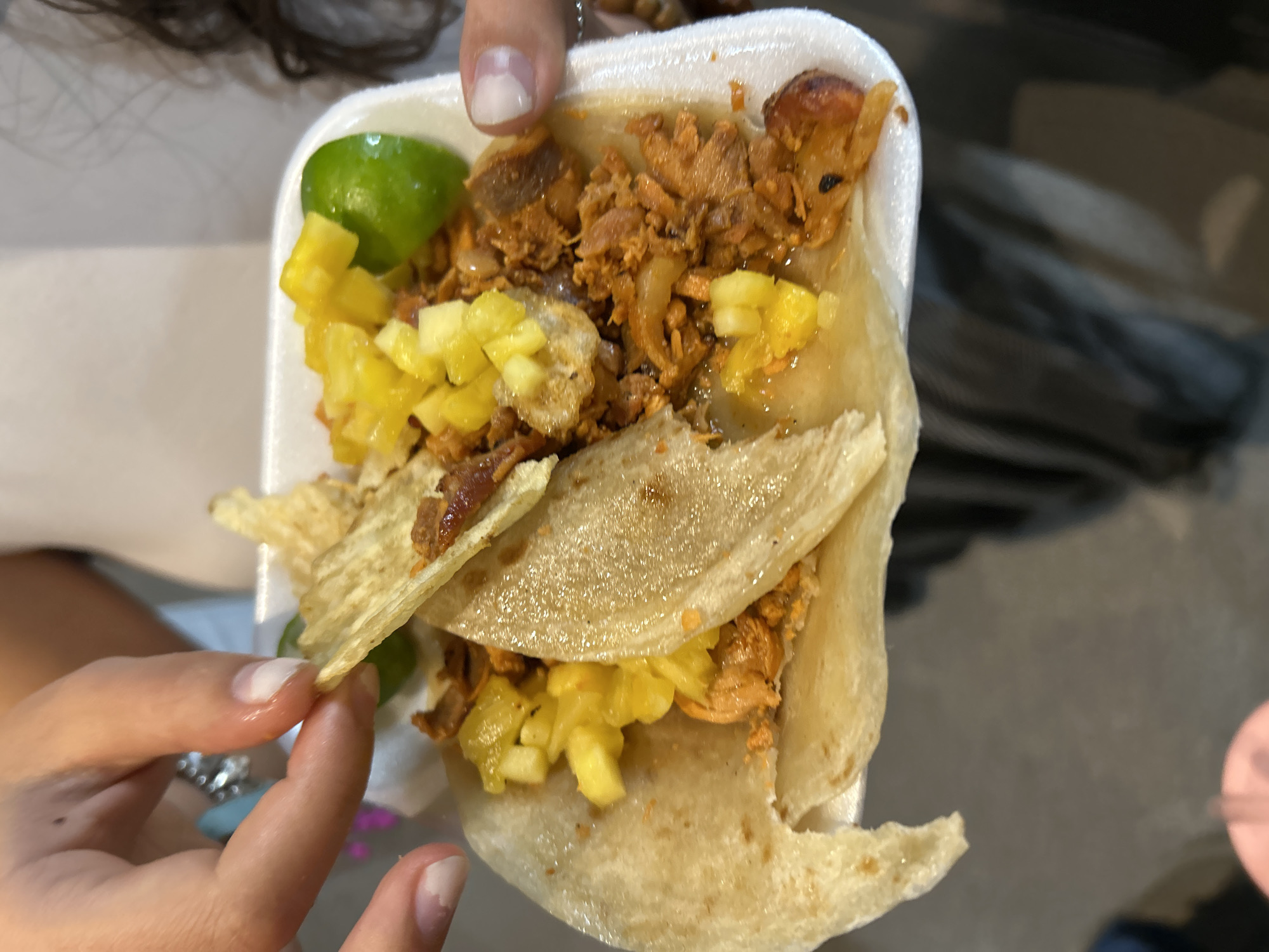 A close-up shot displays a plate of tacos held by a person. The tacos are filled with meat and chopped pineapple, with a wedge of lime included on the side. The image appears to have been taken at a location in the city of Unknown, Unknown. The focus is on the presentation and contents of the tacos.