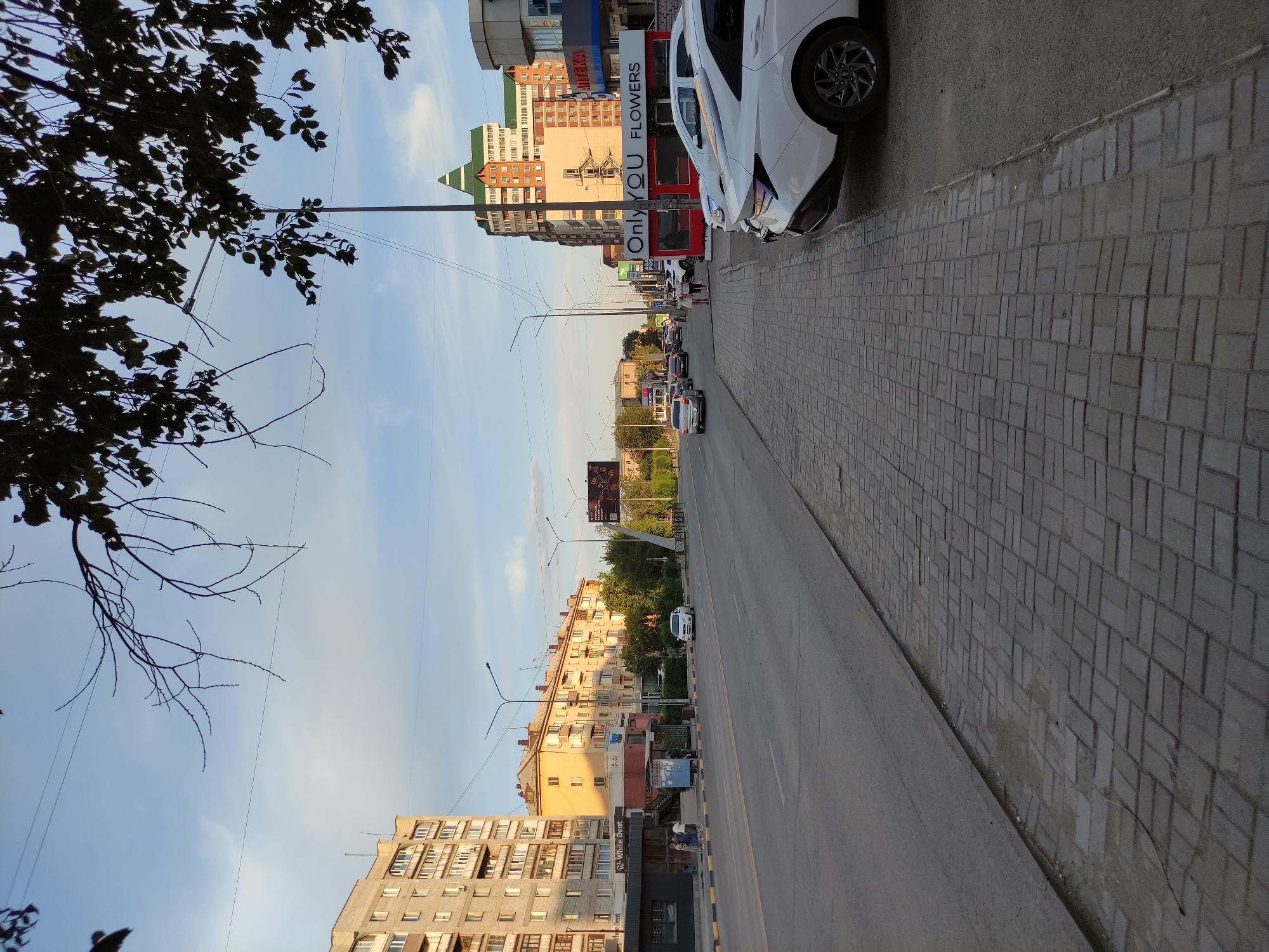 The image depicts a street scene in Semey, Kazakhstan, on a sunny day with a partly cloudy sky. The foreground is dominated by a paved sidewalk and a road with several cars driving and parked. The street is lined with buildings, including multi-story residential buildings and commercial establishments. One building prominently displays the text "Only YOU FLOWERS" and "APTEKA" (pharmacy). A large digital billboard is visible in the distance. Trees and overhead power lines are also present. The lighting suggests it is late afternoon or early evening. A few individuals are seen walking on the sidewalk. The overall impression is that of a typical urban environment in Kazakhstan.