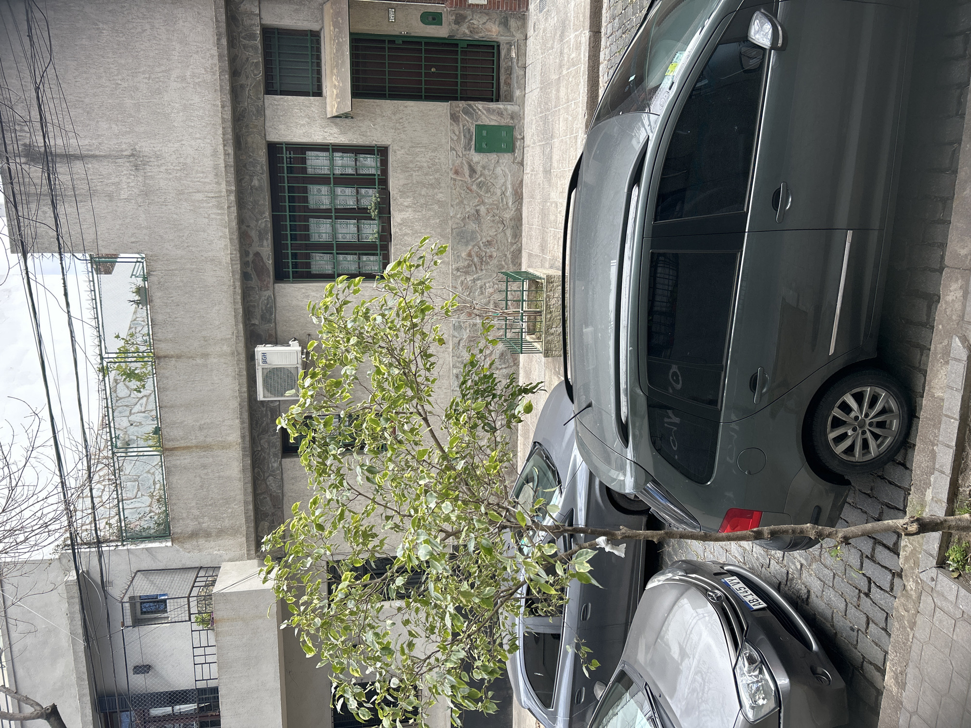 The image depicts a street scene in Buenos Aires, Argentina, characterized by parked cars and residential buildings. In the foreground, two gray cars are visible. The one on the right is a wagon-style vehicle, and the one on the left appears to be a sedan. A young tree with green and white variegated leaves stands between the cars, its trunk wrapped in white material. The street is paved with cobblestones. Behind the cars, a building with a textured gray facade features several windows with green bars and one entrance door also secured with a green metal grate. An air conditioning unit is mounted on the exterior wall of the building. Above this level, a balcony with a metal railing and some greenery is visible, and further up, an apartment building with balconies and windows can be seen, interspersed with utility wires. The sky above is overcast.