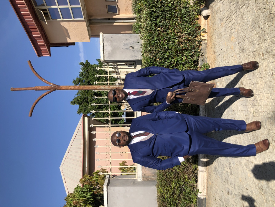Two men, mirror images, stand outside in blue suits, brown shoes, and sunglasses. They each wear a tie and one carries a brown leather briefcase. The backdrop features a building, a fence, a green bush, and a treelike structure. The scene is bathed in bright daylight under a clear blue sky.