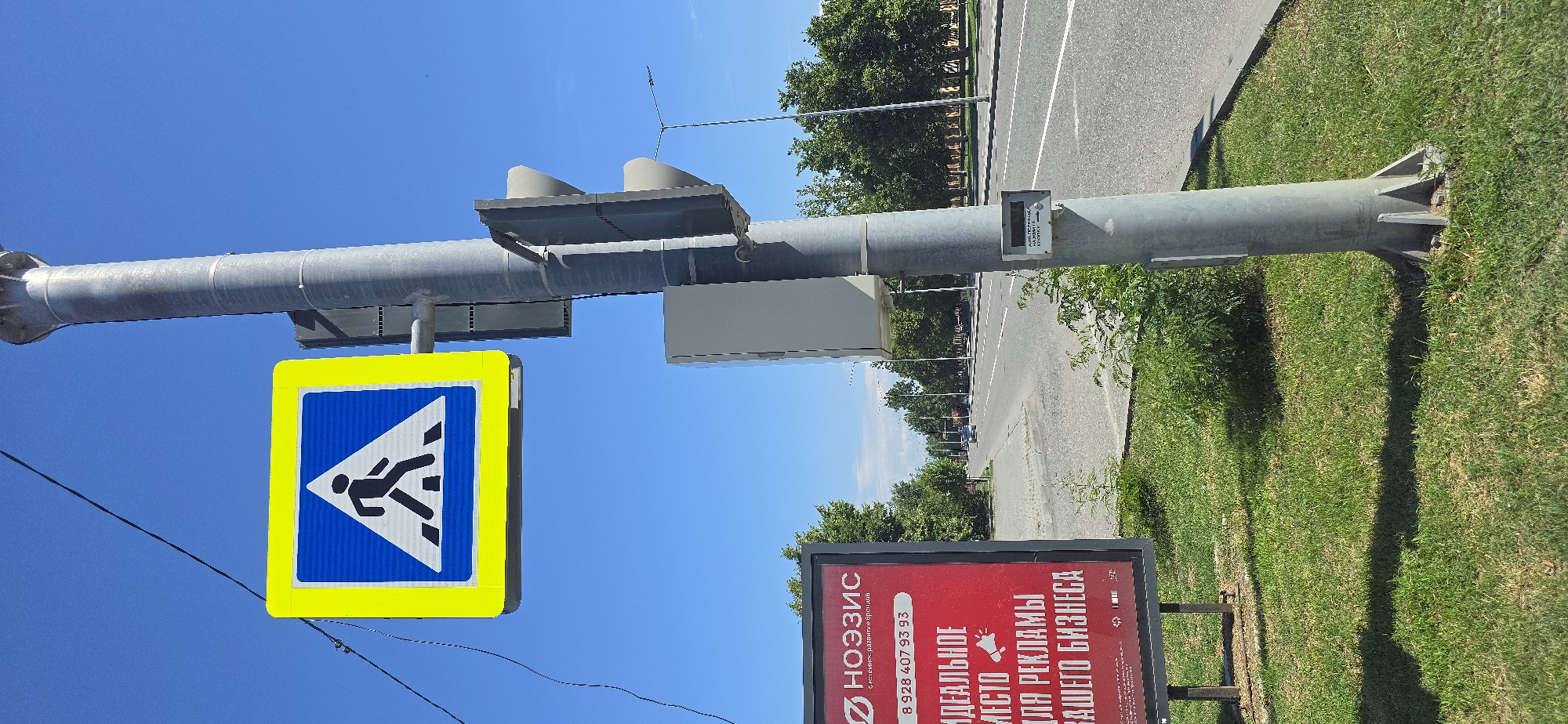 The image shows a pedestrian crossing sign mounted on a metal pole. The sign is a blue square with a white triangle inside, depicting a black pedestrian figure walking across white stripes. A bright yellow border surrounds the sign. Also attached to the pole are traffic lights, though only the back side is visible. Below the traffic lights, a rectangular grey box is mounted. Further down the pole, a small metal box with a button and text is affixed. A large red billboard advertising "NOESIS" and "IDEAL PLACE FOR ADVERTISING YOUR BUSINESS" is visible to the left of the pole, on a grassy area with some bushes. The scene is set on a sunny day with a clear blue sky. A road with two lanes of traffic and a white line marking is visible in the background, with trees lining the side of the road. There are no people clearly visible in the image. The location is identified as being in Grozny, Russia.