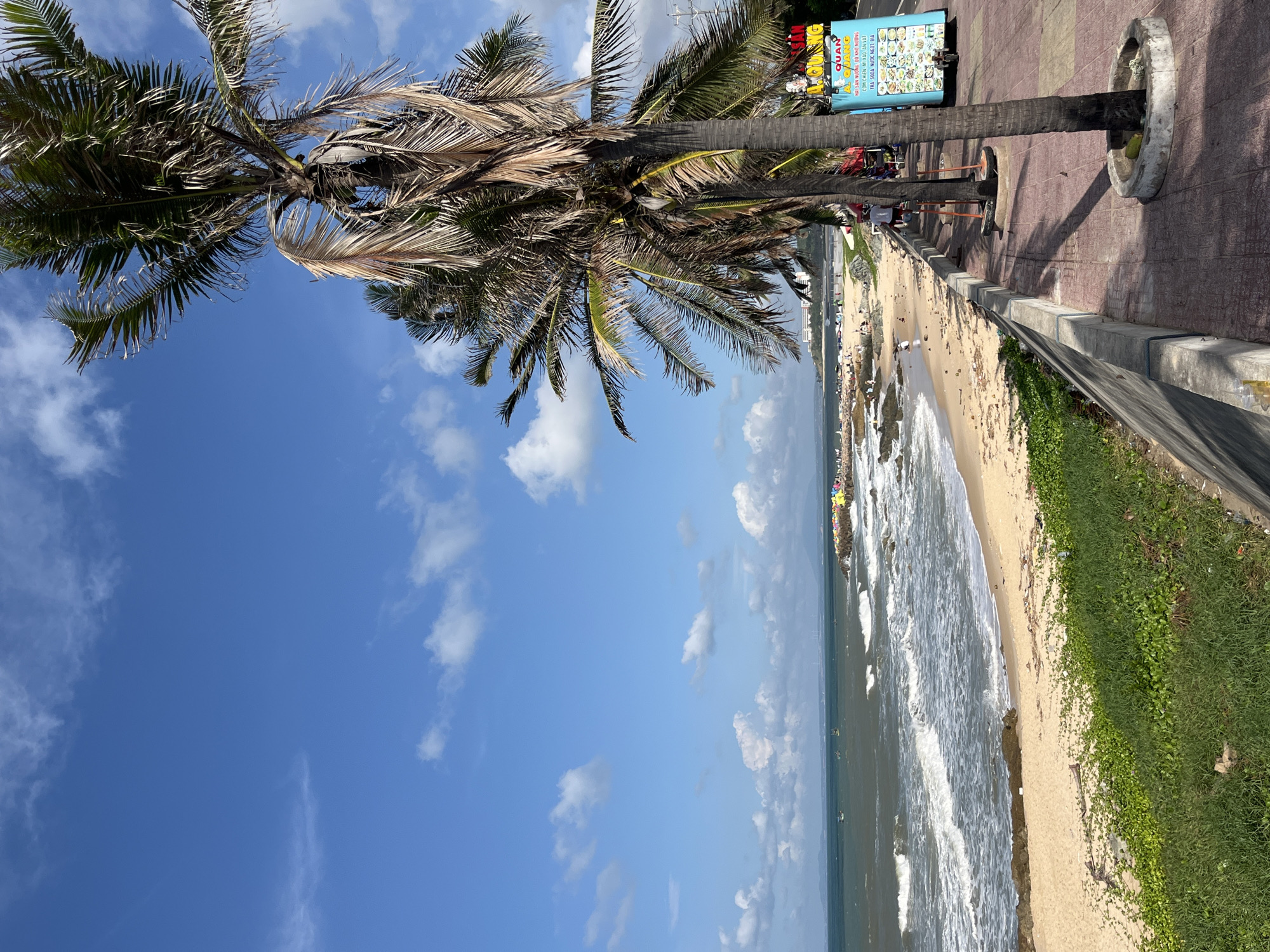 This is a vertical, eye-level shot of a beachside walkway with palm trees in Phu Thuy Ward, Vietnam. The foreground features a paved walkway with pinkish tiles and the bases of several palm trees. To the left of the walkway is a concrete retaining wall with grass and green ground cover growing on top of it. Beyond the wall is a sandy beach with scattered rocks and vegetation, leading to the ocean. The ocean has moderate waves and several small boats are visible in the distance. The sky is blue with scattered white clouds. On the right side of the walkway, there is a bright blue food cart with Vietnamese text and images of food. A few people are visible on the beach and walking on the pathway, and one person is standing near the food cart. The overall scene depicts a sunny day at a coastal area.