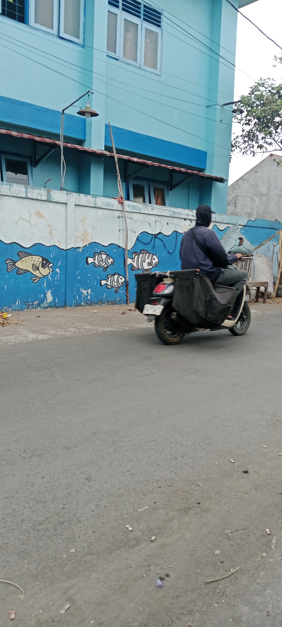 A man wearing a black hooded jacket and dark pants rides a scooter with two black saddlebags on the sides and a large canvas bag on the back. The scooter is on an asphalt road in front of a blue building with white trim. The building has several windows and a blue stripe along the lower edge of the upper section. A mural of fish in blue water is painted on a white wall in front of the building. The wall has cracks and peeling paint. A street lamp hangs from a metal pole attached to the building. The environment is urban, with a sidewalk and scattered debris on the ground, including leaves and what appear to be small rolled-up pieces of paper. The sky is overcast.