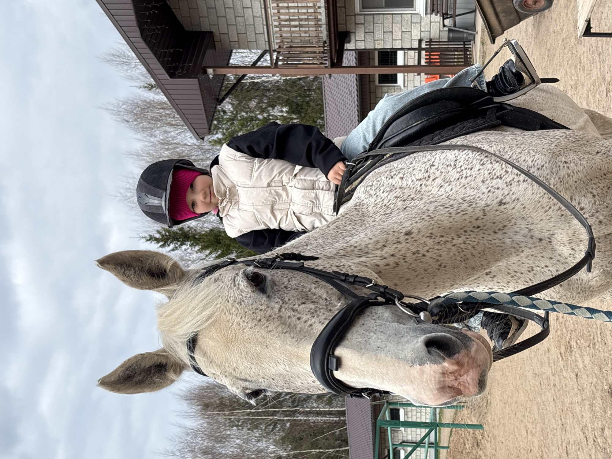A young child wearing a black helmet with a pink beanie underneath, a black jacket, and a beige vest is seated on a gray dappled horse. The horse is equipped with a black saddle and bridle. The horse is in an outdoor setting, appearing to be near a building, which suggests a rural or suburban locale. Given the location as Русский Вожой, Russia, this likely reflects a rural setting with the child engaging in equestrian activities.