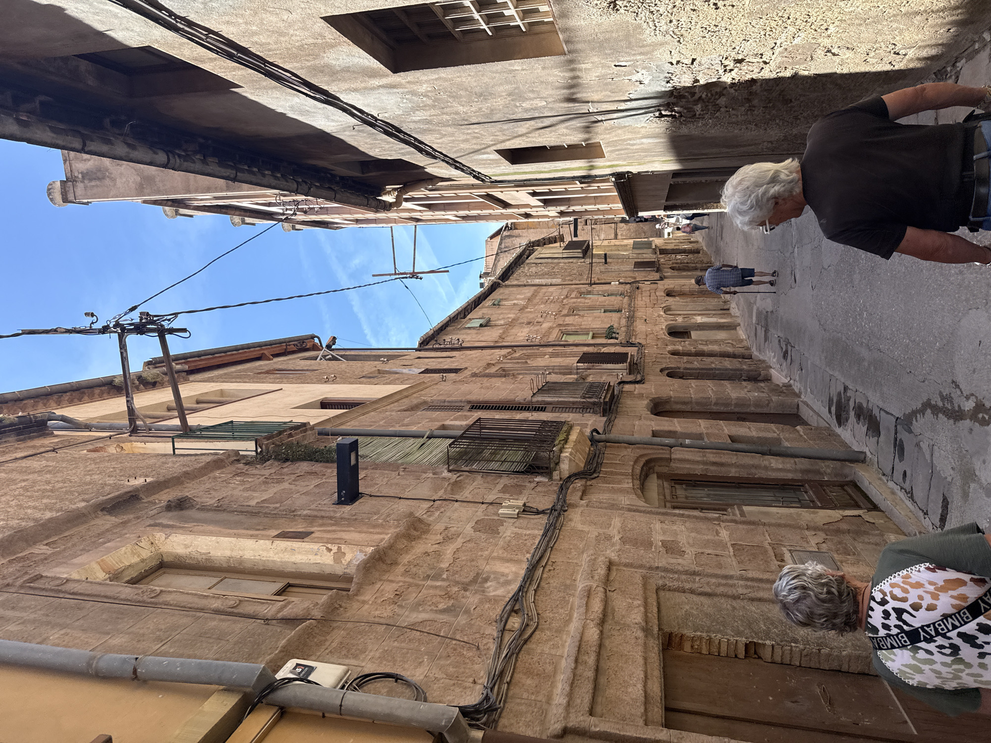 The image depicts a narrow, cobblestone street in the historic town of Cardona, Spain. The street is flanked by old stone buildings with weathered facades and visible architectural details like balconies and arched doorways. Overhead, a tangle of electrical wires and utility poles stretches across the sky, contrasting with the clear blue sky above.

In the foreground, two individuals are walking away from the camera. The person on the left wears a green t-shirt with a multicolored, leopard-print pattern on the back and a black strap. The person on the right has gray, wavy hair and wears glasses and a black t-shirt. Further down the street, a man in a plaid shirt and shorts walks with a cane. Another person in a pink shirt is visible in the distance. The sunlight casts sharp shadows on the street and buildings, indicating a bright day. The overall impression is one of a charming, old-world European street scene.