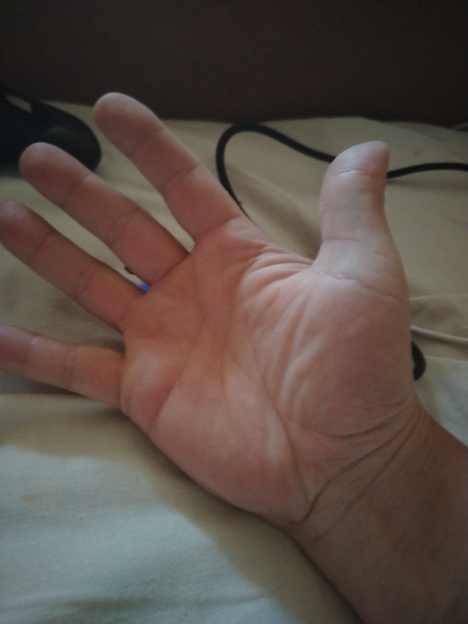 The image shows a close-up, angled view of an open left palm. The skin is light-toned with visible creases and lines. The fingers are slightly spread, with the thumb positioned to the right side of the palm and pointing upwards. The background is out of focus and appears to be a textured surface, possibly a bed or fabric, with dark shadows. No specific location in Kirov, Russia is identifiable from the image.