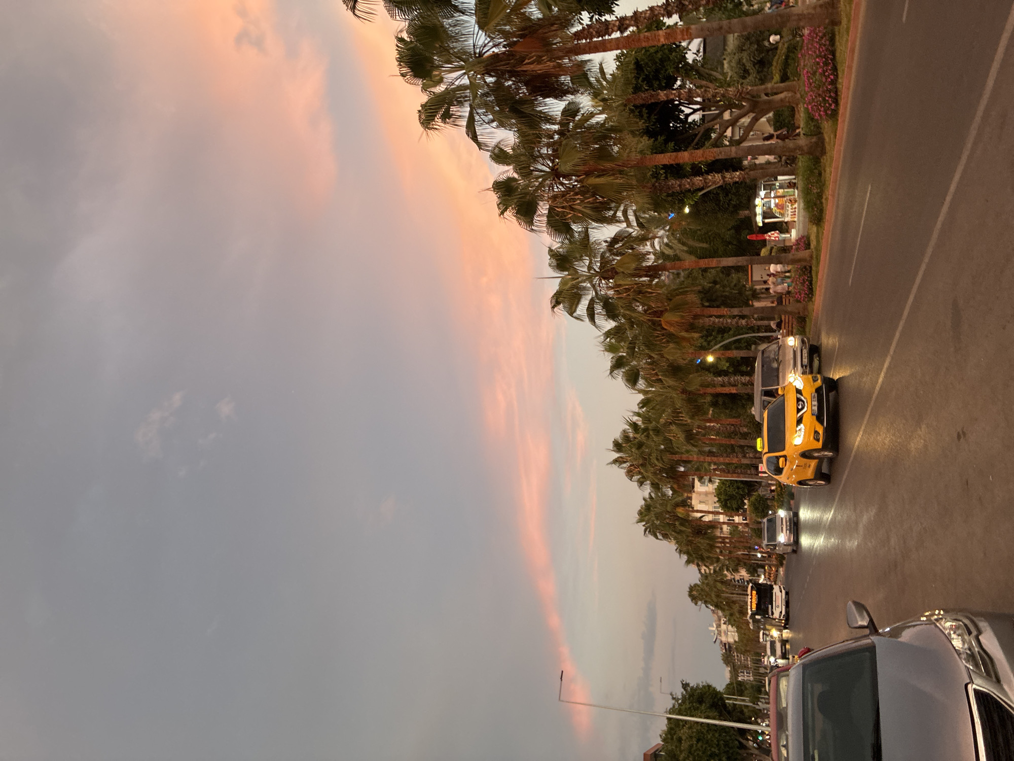 The image captures a street scene in Alanya, Turkey, during a sunset. The sky is painted with soft hues of pink and orange, contrasting with the muted grey tones of the clouds. A prominent feature is the line of palm trees flanking the road, their fronds silhouetted against the twilight sky.
The road is paved and appears to be a main thoroughfare, with several vehicles present. A bright yellow taxi is driving in the right lane, its headlights on. In the distance, a white bus with illuminated signage is also visible, along with other cars. The sidewalk on the right side of the road features small shops or kiosks, with a few people milling about. Pink flowering bushes line the edge of the sidewalk.
On the left side of the road, a street light stands tall. A silver car is parked in the foreground, partially obscuring the view of the lane to its left. The overall impression is one of a typical evening on a busy street in a coastal city, bathed in the warm glow of sunset.