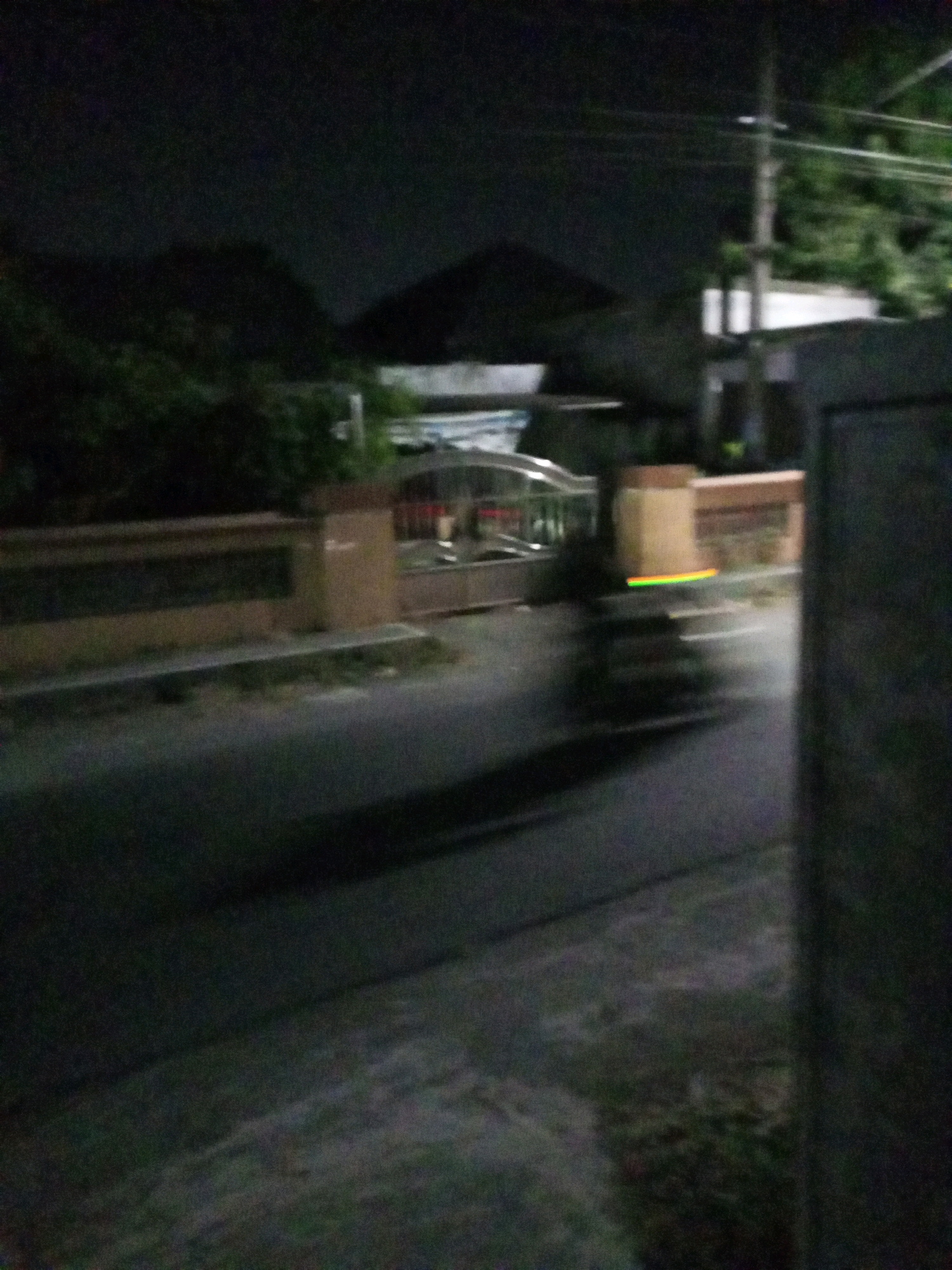 The image depicts a blurred street scene at night in Ngasem, Indonesia. A dark road occupies the foreground and midground, with a sidewalk and a low wall or fence along the right side of the road. Beyond the wall, a gate structure is visible, with two brown pillars supporting a covered entrance. A blurry, dark vehicle or object is in motion on the road, casting a shadow. A thin, horizontal band of green, yellow, and red light is visible on the road surface near the gate. In the background, trees and the outlines of buildings are dimly lit, and a utility pole with overhead wires is present. The overall impression is of a quiet, residential street after dark, with motion blur indicating movement within the frame.