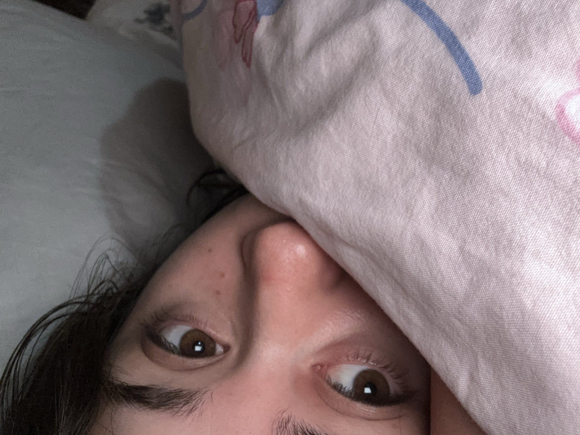 A close-up, upside-down shot of a person's face in bed. The person has brown eyes and dark brown hair. Part of their face is covered by a light pink pillow with blue and pink designs. The surrounding environment includes a white bedsheet. The location is not discernible from the image.