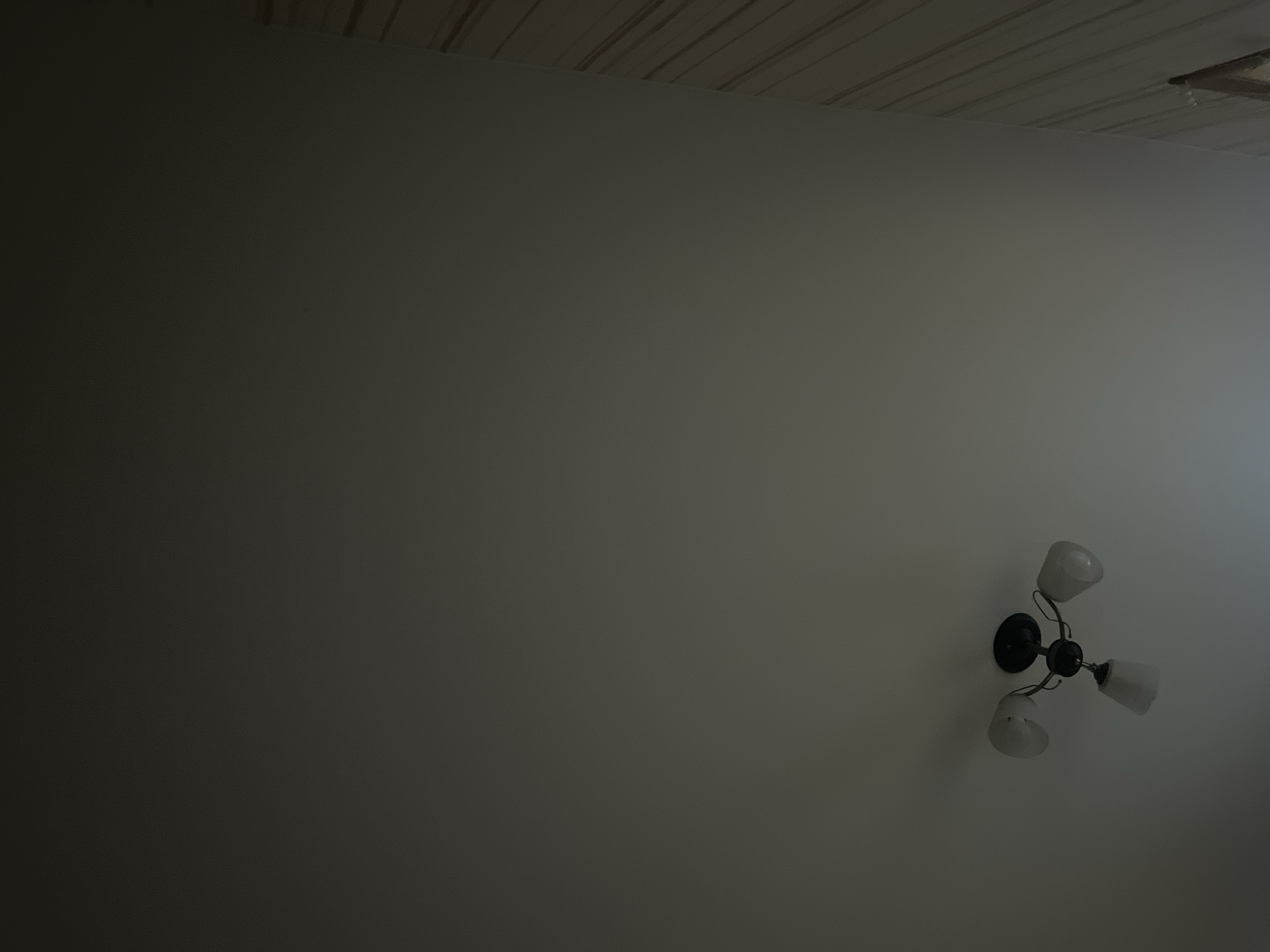 The image shows a ceiling with a three-bulb light fixture. The light fixture is black and has three white glass shades. The ceiling is white and appears to be textured. To the right of the image, there is a wall with vertical stripes. The lighting in the image is dim, and the scene appears to be indoors. There are no people or animals visible in the image. The image is taken from a low angle, looking up at the ceiling. The location in the city of Gorodets, Russia is not ascertainable from the provided image.