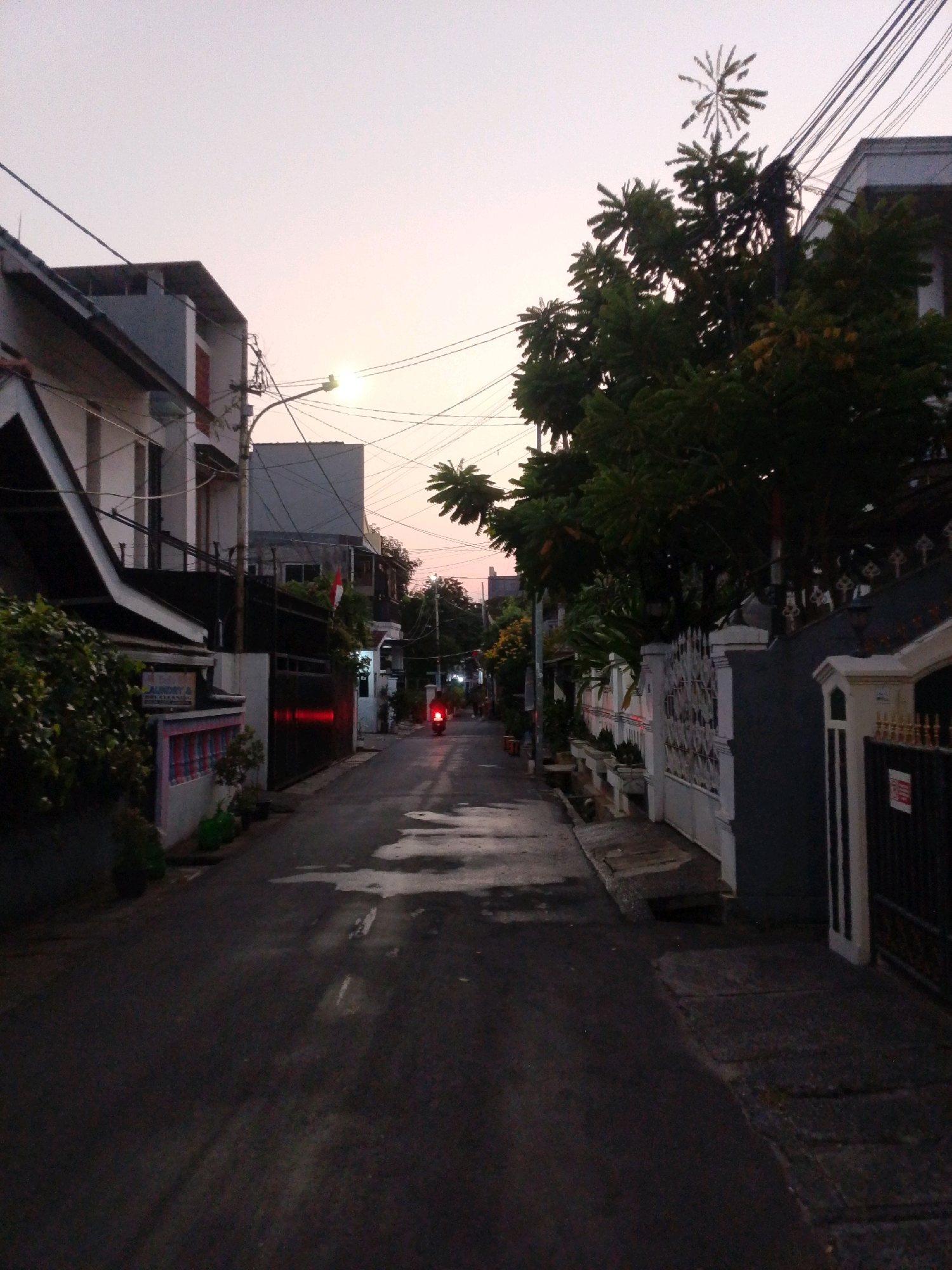 The image depicts a street scene in East Jakarta, Indonesia, likely during the late afternoon or early evening based on the twilight sky and artificial lighting. The street is paved with asphalt and shows patches of wetness, suggesting recent rain or cleaning. On either side of the narrow street, there are residential buildings and fences.
To the left, a two-story house with a prominent gable roof is visible, featuring white and grey facades. A lush green bush is planted in front of it. Further down the street on the left, a building with red accents and a black metal gate can be seen. A motorcycle with its rear red light illuminated is moving away from the viewer down the street.
To the right, a dark grey wall with decorative white fencing runs along the property line. A tall tree with dense green foliage dominates the right side of the frame, with electrical wires crisscrossing overhead. Another building, predominantly white, is partially visible behind the tree.
The overall atmosphere is quiet and suburban, with no other people clearly visible in the scene besides the rider of the motorcycle. The lighting is dim, with the main light sources being the street lamp on the left and the motorcycle's tail light. The sky is a pale pinkish-orange, typical of a sunset or sunrise.