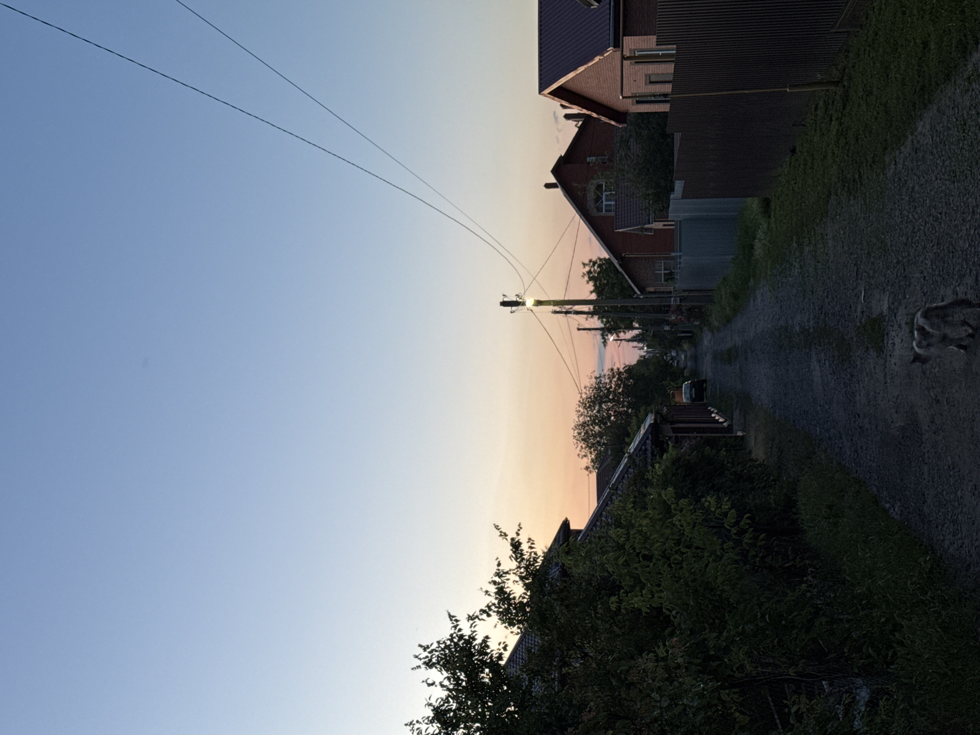 The image shows a rural scene in Grushevskaya, Russia, at dusk. Two power lines stretch across the pale blue and orange sky. A gravel road winds through a residential area, with houses and trees lining the sides. The houses have dark roofs, and some have visible windows. The trees are green and leafy, suggesting it's summertime. The overall mood is peaceful and serene, with the soft colors of the sunset illuminating the sky and casting long shadows. There is no visible text in the image.