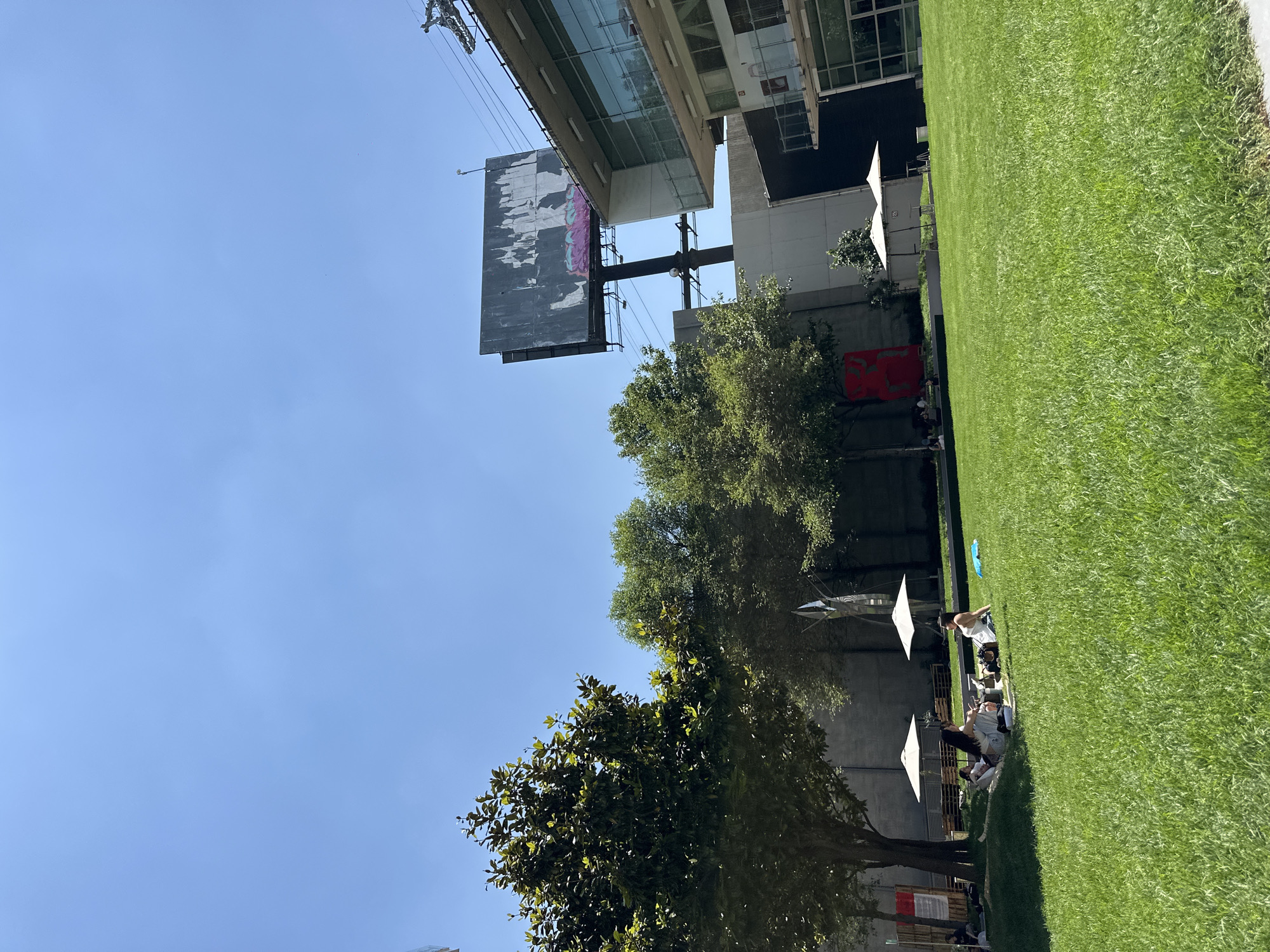 This image captures an urban green space in Mexico City, characterized by a large, sun-drenched lawn and modern architectural elements under a clear, bright blue sky.
The expansive, well-maintained green grass dominates the foreground and extends across much of the right side of the frame. Scattered across the lawn are several individuals engaged in leisurely activities. Some are sitting on blankets or cushions, while others appear to be reclining, enjoying the pleasant weather. Two white, square patio umbrellas provide shade on the grass, and a blue blanket or mat is visible.
In the mid-ground and background, dense green trees are interspersed with modern buildings. These multi-story structures feature glass windows and concrete facades, typical of an urban environment. A prominent, large billboard or screen stands near the buildings, supported by industrial-looking structures. This billboard appears weathered or distressed, displaying abstract graffiti in shades of pink and purple. A large, rectangular red art installation or sign is mounted on a concrete wall behind some of the trees.
The scene depicts a bright, sunny day, suggesting midday or early afternoon, with clear weather conditions. The overall atmosphere appears relaxed and inviting, with people unwinding outdoors. No clearly legible text is discernible on the billboard, only abstract, faded graffiti.