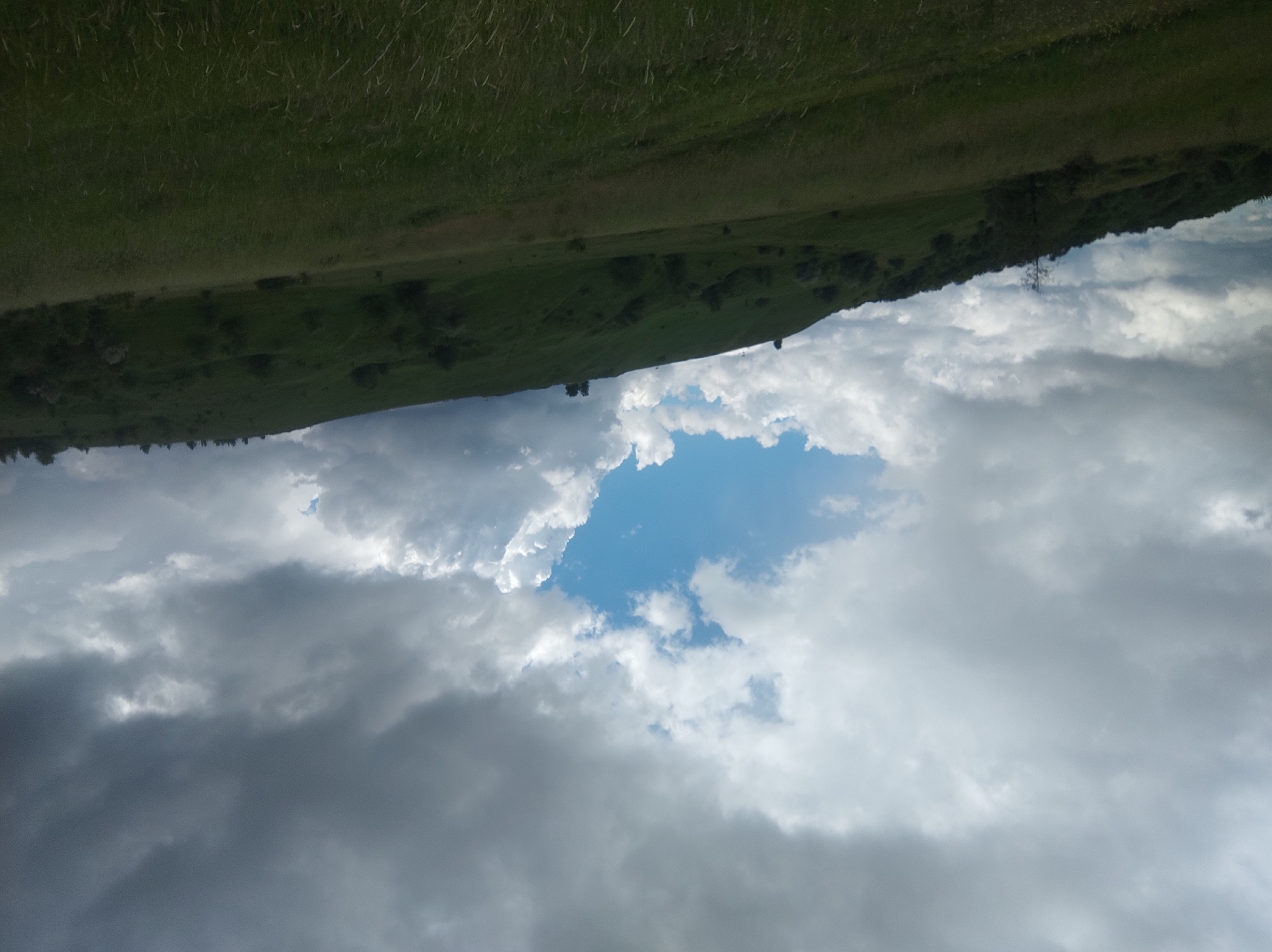 The image shows a landscape with a green hillside against a cloudy sky. The hillside has patches of trees and grass. The sky is filled with both dark and light clouds, with a patch of blue sky visible.