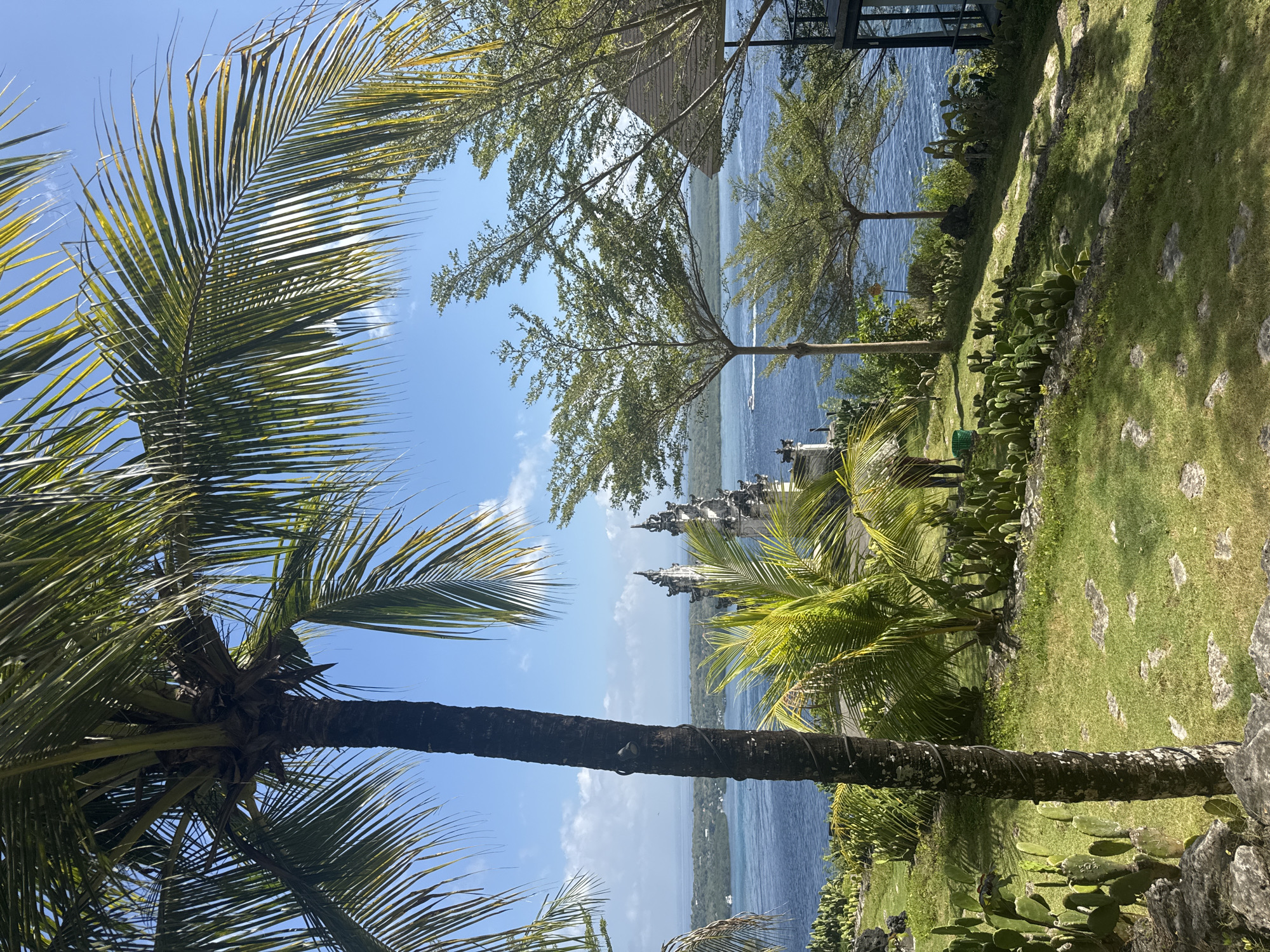 An eye-level shot captures a tropical landscape with a vibrant blue ocean and lush greenery in Nusa Penida, Indonesia. In the foreground, a tall palm tree with dark bark and green fronds stands prominently on the left side of the frame. To the right of the palm tree, a winding path is visible, leading through a grassy area dotted with rocks and various plants, including numerous cactus species. In the mid-ground, ornate white spires of a temple rise from the landscape, framed by a few trees with leafy canopies. Beyond the temple, the expansive blue ocean stretches to the horizon, with a small boat visible in the distance. The sky above is a clear, bright blue, with a few scattered white clouds. The scene is bathed in natural sunlight, creating distinct shadows on the grass. The overall impression is one of serene natural beauty combined with architectural elements.