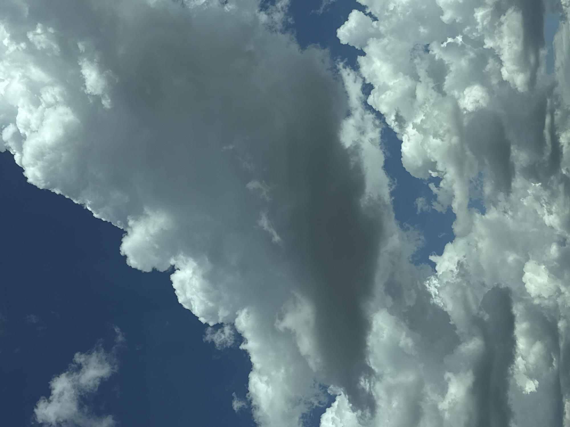 The image displays a bright, cloudy sky, likely captured from ground level, looking upwards. The clouds are varied in density and texture, with some appearing bright white and fluffy, illuminated by the sun, while others are darker and more ominous, suggesting potential shade or deeper water content. Patches of clear, deep blue sky are visible between the clouds, indicating fair weather conditions despite the heavy cloud cover. The overall impression is of a dynamic sky, possibly on a day with changing weather. The image does not contain any discernable landmarks or architectural elements that would specifically place it in Pervomaiskii, Russia, or any other city. There are no people, subjects, or objects other than the clouds and sky. The environment is solely atmospheric.