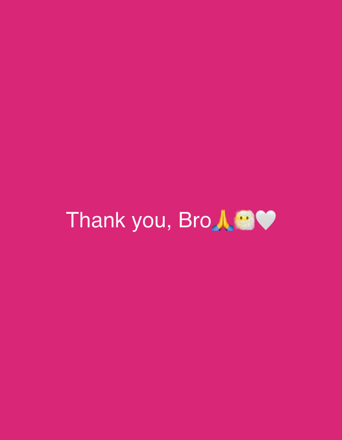The image displays a static digital graphic featuring a solid magenta background. Centered horizontally in the lower middle third of the frame, white sans-serif text reads "Thank you, Bro". This text is followed by three emojis: a pair of folded hands (🙏), an old man with a white beard (👴), and a white heart (🤍). The scene does not depict any physical location in Perm, Russia, nor does it contain any discernible people, physical objects, actions, or interactions within a real-world environment. The entire content is comprised of digital characters on a uniform color field.