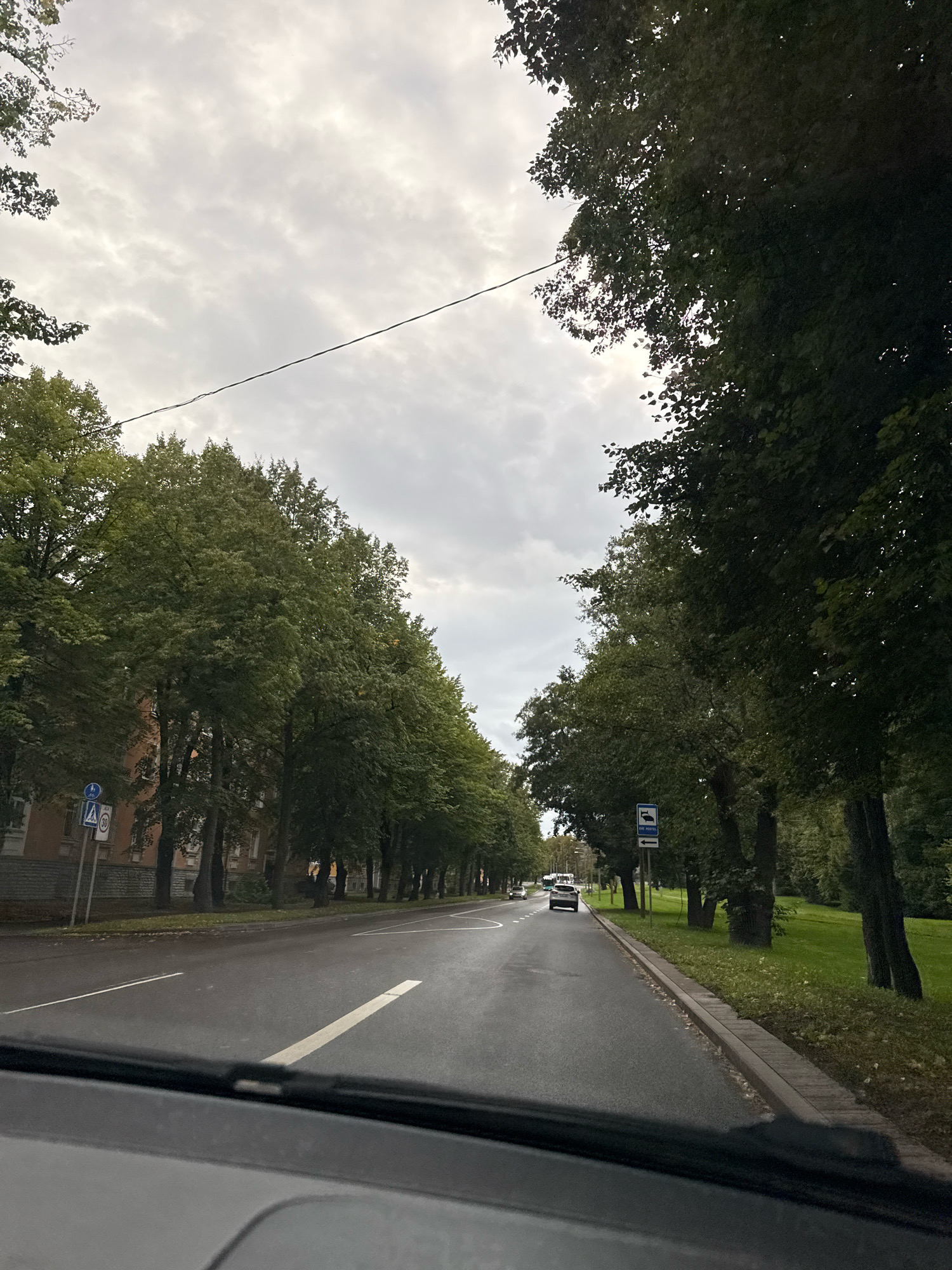 The image captures a view from a vehicle traveling on a wet asphalt road lined with mature trees on both sides, suggesting a European city environment. The sky is overcast with grey clouds. On the left side of the road, a building with reddish-brown facade and several traffic signs are visible, including a pedestrian crossing sign and a speed limit sign (30 km/h). On the right side, a grassy area with more trees and a bus stop sign indicating "BUS HOSTEL" with an arrow pointing left is present. Several cars are on the road ahead, including a white hatchback. The foreground shows the dashboard and windshield of the vehicle. The overall impression is a calm, possibly autumn day in a city. Based on the distinctive bus stop sign and architectural style, the location is likely Tallinn, Estonia.