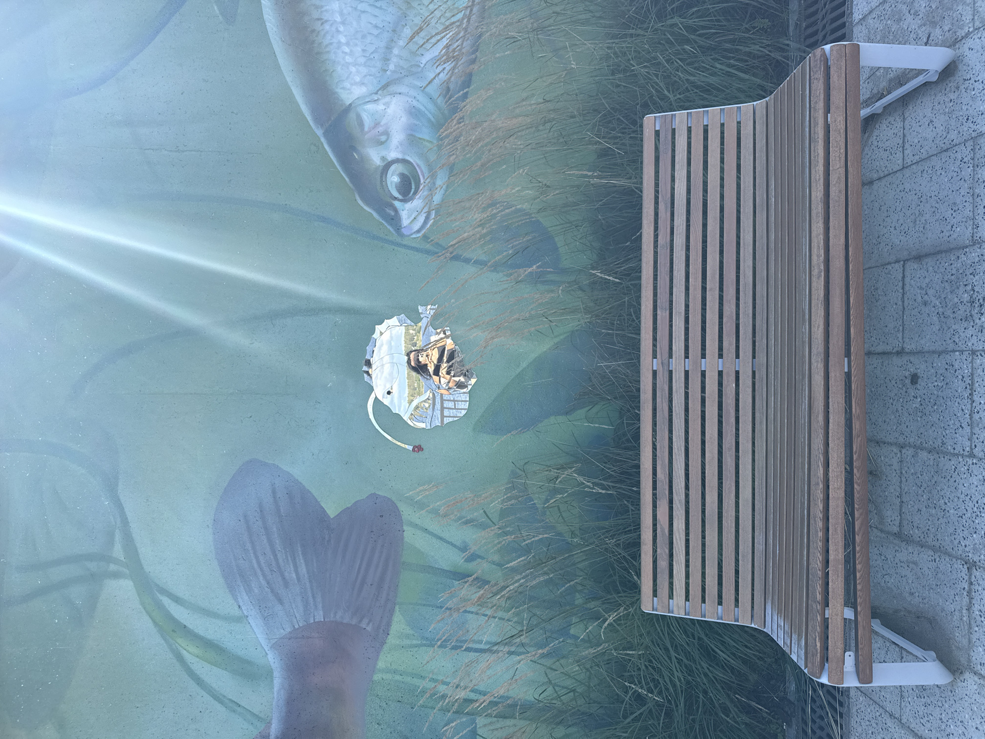 A wooden park bench with a white metal frame sits on a paved surface in front of a mural. The mural depicts an underwater scene with two large fish, tall grasses, and light rays filtering down from above. A small, irregularly shaped section of the mural is missing, revealing a reflected image within the damaged area. The reflection shows a person sitting on a bench, with the sky and some trees visible in the background. The overall scene is neutral and appears to be an outdoor public space. The mural is located in the city of Perm, Russia.