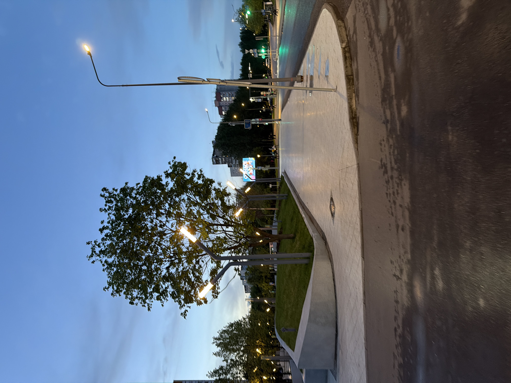 The image depicts a street scene in Moscow, Russia, at dusk. On the left side of the frame, there's a tree with illuminated branches against a blue sky transitioning into twilight. Streetlights are visible, both traditional curved ones and modern versions that illuminate trees. A sidewalk separates a patch of green grass from the street. Buildings can be seen in the background. The pavement reflects light, suggesting a recent rainfall. A green traffic light is seen in the distance.