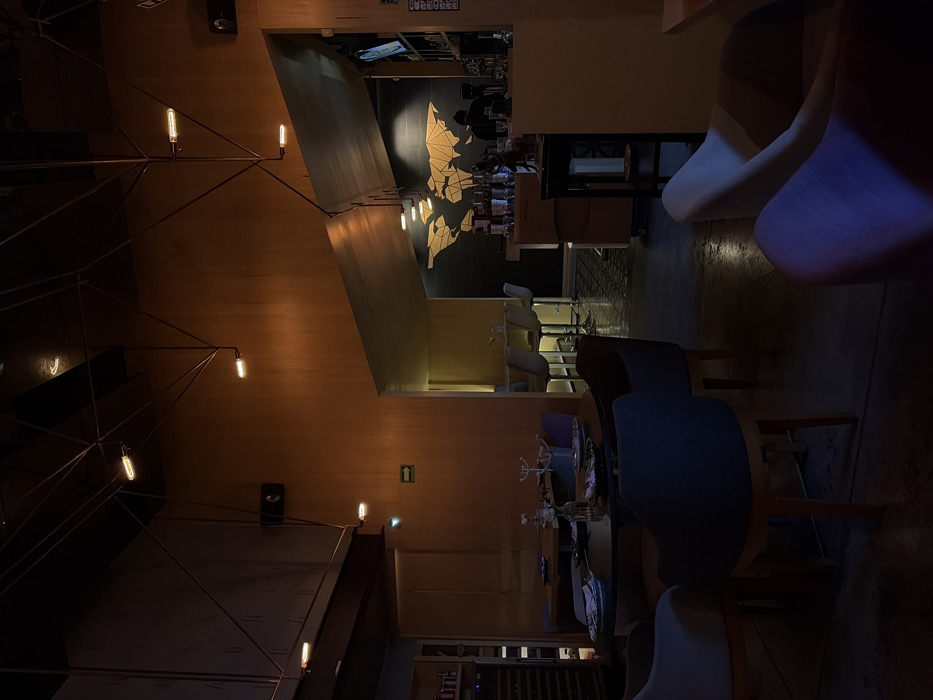 The image depicts the interior of a dimly lit restaurant. Tables are arranged with blue-grey chairs. A bar area is visible with stools and a decorative map on the wall. Unique lighting fixtures with exposed bulbs hang from the ceiling. The space has wooden walls, adding to the warm yet modern ambiance.