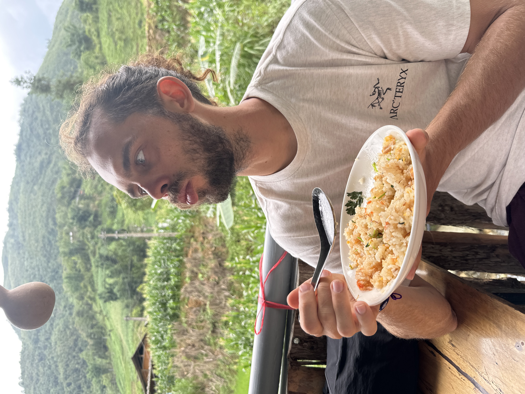 The image captures a man holding a plate of fried rice with a spoon in an outdoor setting. The man has curly brown hair pulled back, a beard, and is wearing a light-colored Arc'teryx t-shirt. He's looking down at the food with a slightly perplexed expression. The plate is white, and the rice dish includes what appear to be vegetables and shrimp. He is seated on a wooden bench or table.
The background reveals a lush, green, hilly landscape, indicating a rural or mountainous region. A portion of a building with a brown roof can be seen nestled amidst the vegetation. There is a metal railing behind the man with green plants visible behind it. The red string around the railing suggests it may be tied to something.
Given the location of Thanh Bình, Vietnam, it's likely this scene is set in a restaurant or homestay that offers views of the surrounding countryside.