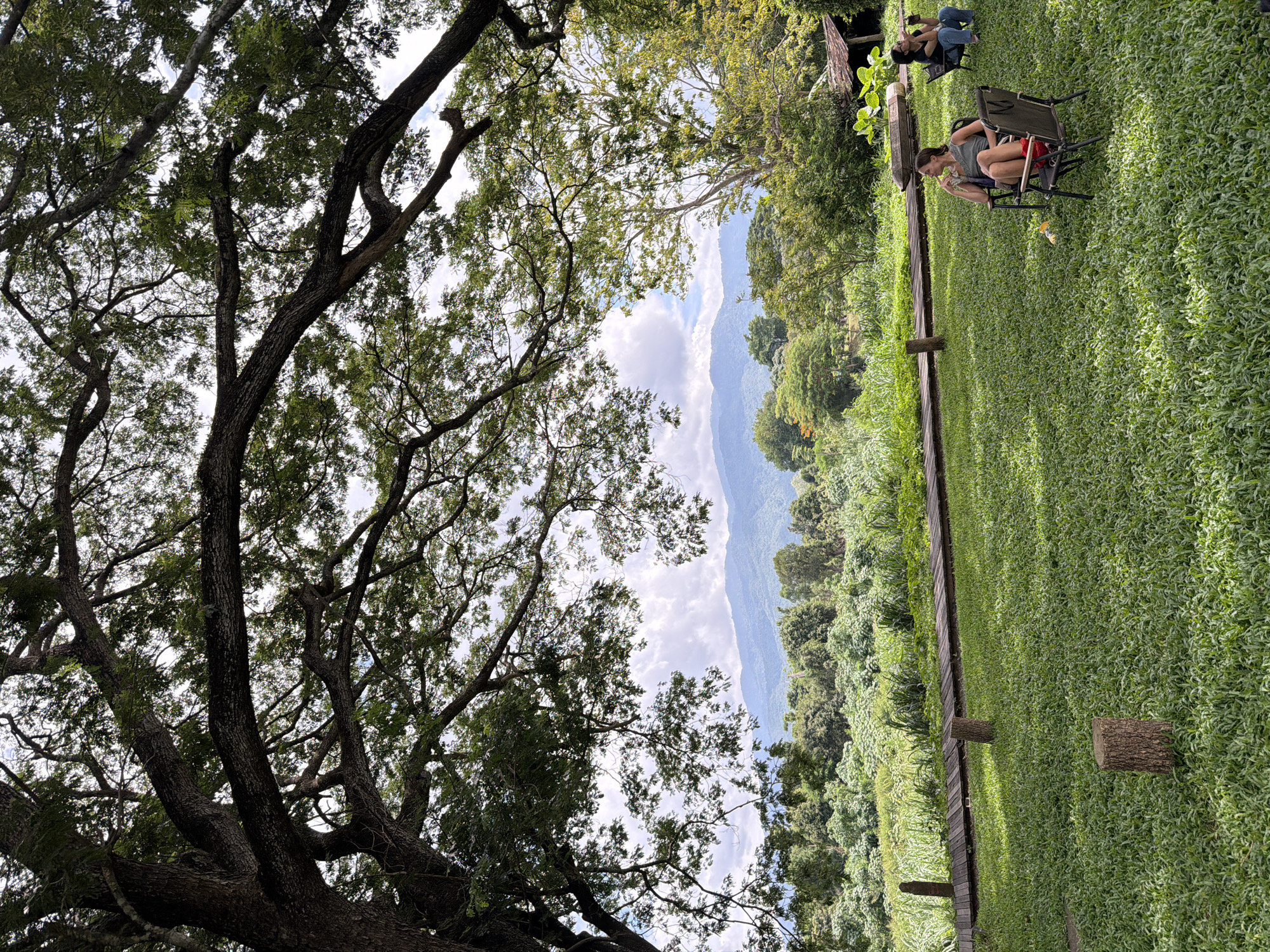 The image depicts a tranquil outdoor scene in Tambon San Phi Suea, Thailand, characterized by lush greenery and a mountainous backdrop. In the foreground, a well-maintained grassy lawn is dotted with two tree stumps. A wooden walkway meanders across the middle ground, bordered by dense vegetation. Two individuals are seated in camping chairs on the lawn. One woman, wearing a grey tank top and red shorts, sits in the foreground, holding a drink and gazing to her right. To her right, a second woman, wearing a black top and blue jeans, is seated further back, also holding a drink. The background features a dense forest canopy, with rolling hills and mountains visible in the distance under a partly cloudy sky. A rustic wooden structure with a corrugated roof is partially visible on the right side of the image. The overall atmosphere is one of peaceful relaxation amidst natural beauty.