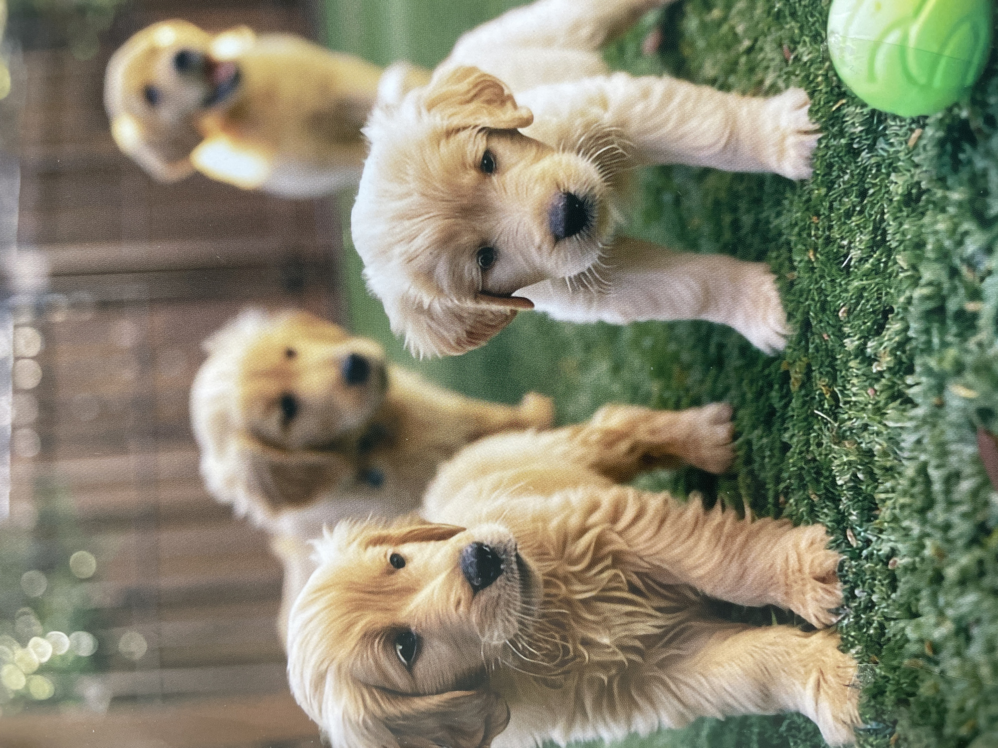 The image displays a heartwarming scene featuring multiple Golden Retriever puppies in an outdoor, grassy setting. At least four puppies are visible, all with light golden fur, appearing to be young and playful.
In the foreground and mid-ground, three puppies are prominently featured, all looking directly towards the camera with curious expressions. Their bodies are mostly visible, suggesting they are lying or sprawling on the lush green grass. One puppy in the upper central part of the frame is the clearest, its dark eyes and wet nose easily discernible. Another puppy is positioned slightly below and to its right, also engaging with the viewer. A third prominent puppy is in the lower right section. A fourth, more blurred puppy is visible in the upper left background, hinting at more companions.
The immediate setting is a vibrant green lawn, possibly artificial turf, providing a soft surface for the puppies. In the upper right corner, a bright green ball is partially visible, suggesting a playful environment. The background is softly blurred, showing hints of wooden structures or fencing and bright bokeh lights, indicating an outdoor space like a garden or a park. The lighting suggests it is daytime with pleasant weather conditions.
The overall mood is one of innocence and playfulness, characteristic of young puppies. There are no people visible in the frame. No specific geographical cues related to Sofia, Bulgaria, are identifiable within the image itself. There is no visible text.