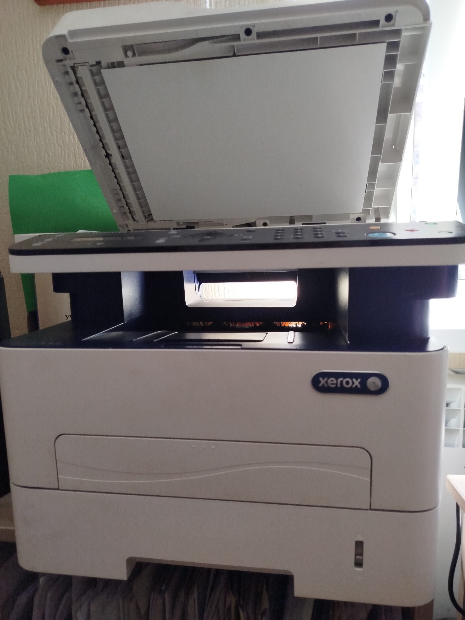 A white Xerox printer is on display, with its lid open, revealing the scanner bed. The printer is situated indoors, in what appears to be an office or home setting. The background consists of a textured wall and a window, suggesting it's near a wall and a source of natural light. There are no people visible in the image. The overall scene is static and focuses solely on the printer as the primary subject. The location is specified as Taganrog City District, Russia, however, this information cannot be visually verified from the image content alone.