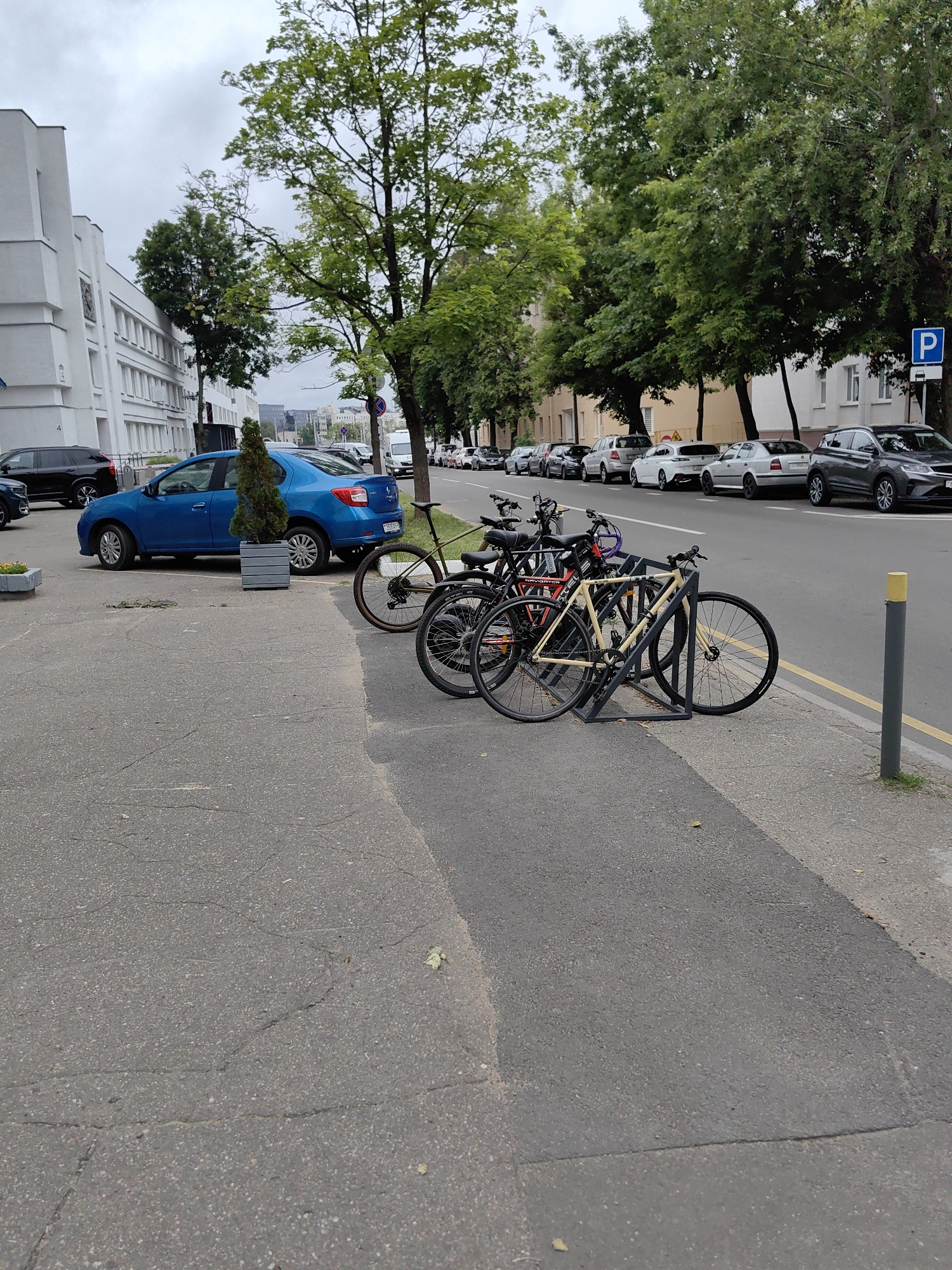 The image captures a street scene in Minsk, Belarus. On the left, a white building with multiple windows lines the street. Adjacent to the building, a blue sedan is parked in a designated parking spot. A small evergreen tree in a planter box stands near the car. In the foreground, a row of bicycles is parked in a bike rack. The street is lined with trees, and a parking sign is visible in the background. The pavement is cracked, and the sky is overcast. Several other cars are parked along the street.