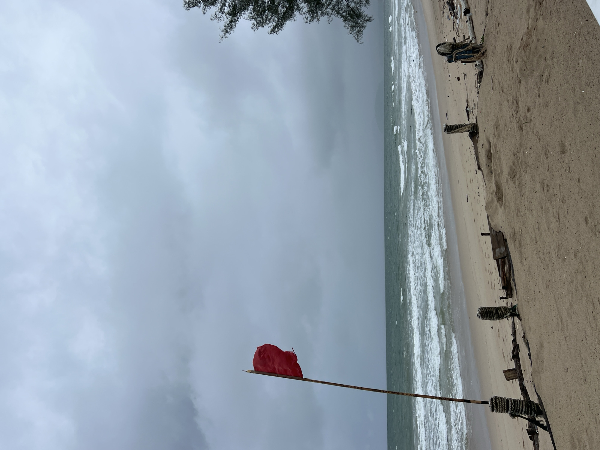 A landscape image depicts a wild, overcast beach scene. The sky, occupying the upper third of the frame, is entirely covered by heavy, grey clouds, indicating an overcast day. In the top-left corner, dark green foliage, possibly from coastal trees, partially intrudes into the sky.
The middle section of the image features the ocean, with numerous white-capped waves actively breaking and rolling towards the sandy shore. The water appears in muted shades of blue and green under the cloudy sky.
The lower third of the image shows the sandy beach, which extends towards the foreground. Along the waterline and further up the sand, various pieces of debris are scattered, including driftwood and remnants of wooden structures. Several sturdy wooden posts are visible embedded in the sand, some with ropes coiled around them, suggesting old mooring points or discarded fishing gear.
A prominent object in the bottom-middle of the image is a red flag, appearing somewhat tattered, attached to a rustic wooden pole. The pole is planted in the sand and leans slightly towards the ocean. The red flag typically serves as a warning sign, possibly indicating dangerous swimming conditions or an unpatrolled area.
No people or animals are visible, contributing to a sense of solitude or desolation. The overall atmosphere is somber, influenced by the grey weather and the implied warning of the red flag. No text is visible in the image.