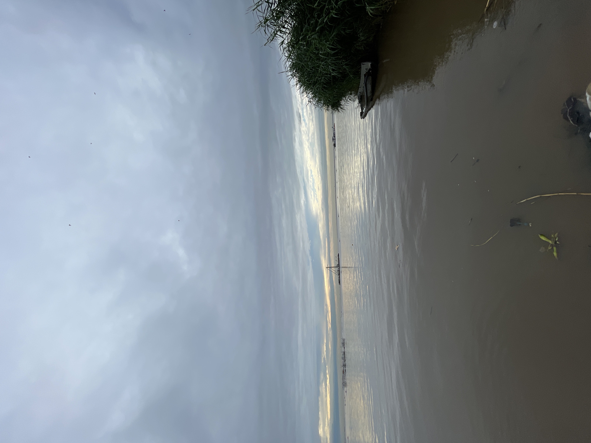 This image depicts a wide, calm body of water, likely the Lagos Lagoon, near Ikorodu, Nigeria. The sky is overcast with heavy, gray clouds, suggesting a cloudy day. In the distance, a tall, skeletal structure, possibly a construction crane or a navigational aid, rises from the water. A small, partially submerged boat rests on the right bank, partially obscured by dense green reeds. The water is murky brown and shows gentle ripples. Scattered debris, including plastic waste and natural debris like reeds and twigs, floats on the surface of the water and along the bank, indicating potential pollution. The overall scene is one of a natural landscape altered by human activity and environmental challenges.