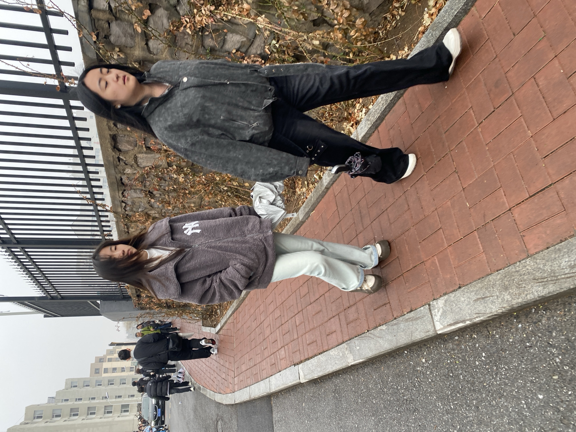 Two women are standing on a brick sidewalk alongside a stone wall, partially obscured by leafless bushes and a black metal fence. The woman in the foreground is wearing a gray hoodie with a white logo, light blue jeans, and tan shoes. The other woman wears a gray jacket and black pants. In the background, a group of people is walking along the same sidewalk near a multi-story building. The scene appears to be in Zhongtun, China. The weather seems overcast.