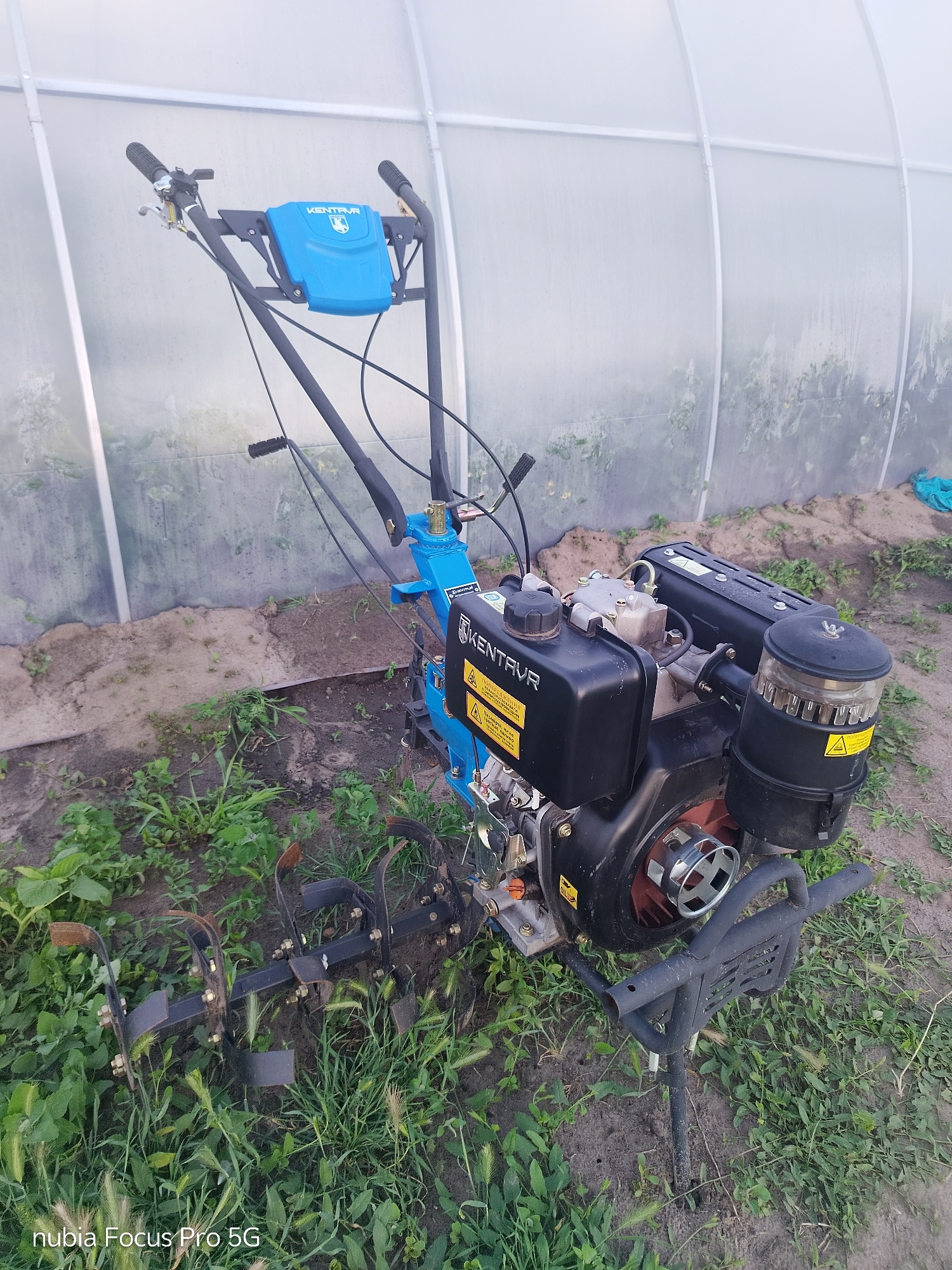 An outdoor, eye-level, medium shot captures a blue and black rototiller positioned in front of a greenhouse. The rototiller, which is the primary subject, is angled towards the left of the frame and is in the foreground. It features a black engine with a silver exhaust and air filter assembly. The handles are elevated and a blue shroud with the brand name "KENTAVR" is visible on the central column. The rototiller's tilling blades are extended and appear to be resting on the ground.
The environment consists of uncultivated soil and green vegetation, with some dry grass. The background is dominated by the translucent, curved walls of a greenhouse, through which faint outlines of plants can be discerned. The ground appears to be a mix of sand and soil, with patches of green growth. The lighting suggests it is daytime, likely with overcast conditions or the sun diffused by the greenhouse material. The image is sharp and clear, with no visible people or animals. A watermark in the bottom left corner reads "nubia Focus Pro 5G". The location is identified as Dnipro, Ukraine.