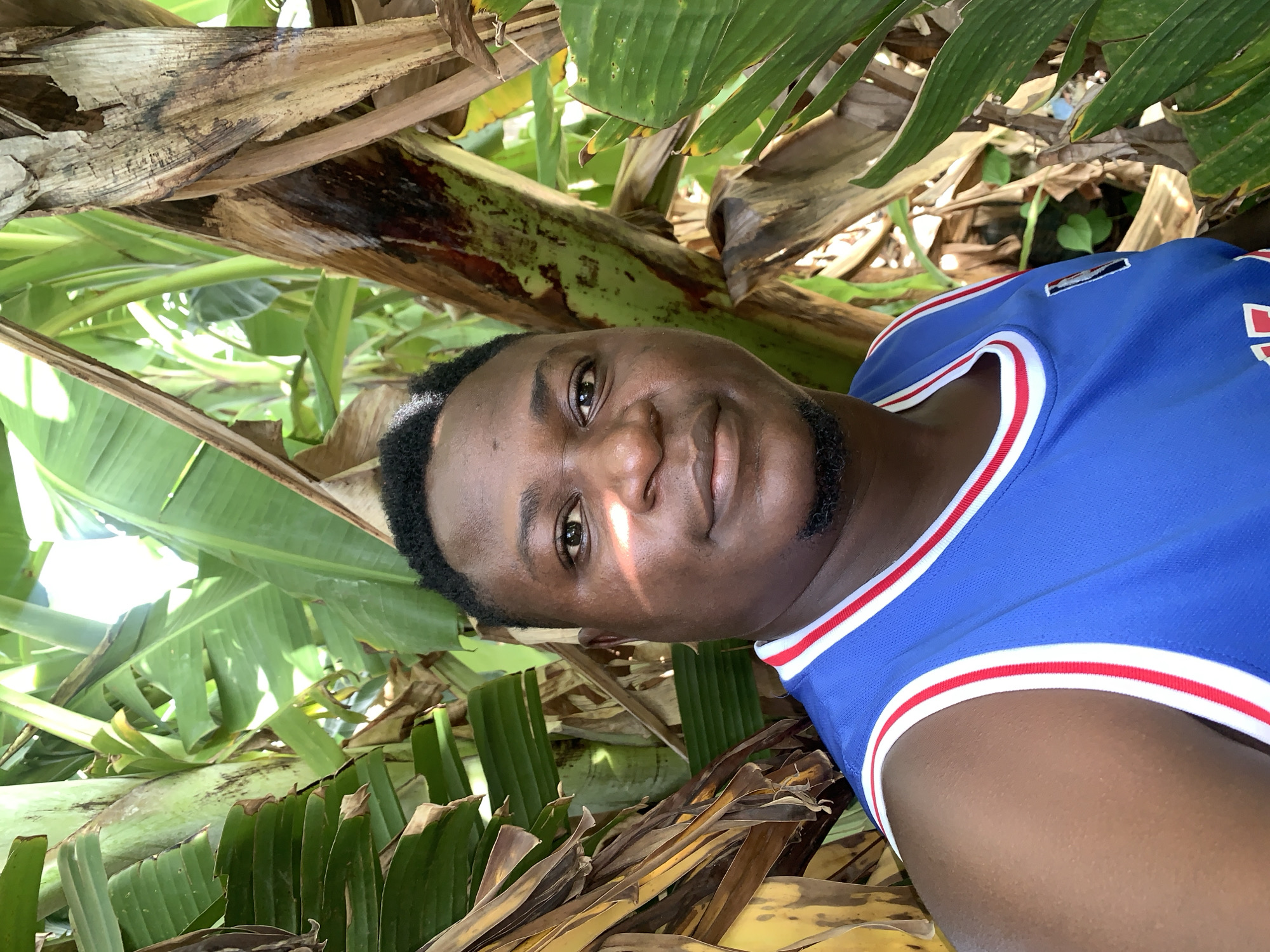 A man in a blue basketball jersey with red and white trim is lying down among banana trees. The man has dark skin, short black hair, and a goatee. Sunlight is casting shadows on his face, suggesting it is daytime. The banana trees are lush and green, with some dried brown leaves also visible. The scene appears to be outdoors, possibly in a tropical or subtropical environment given the presence of banana trees. The man is looking towards the camera with a slight smile. There is no visible text in the image. The overall impression is casual and relaxed, suggesting the man is enjoying the natural surroundings. The location context provided is Akwanga, Nigeria.