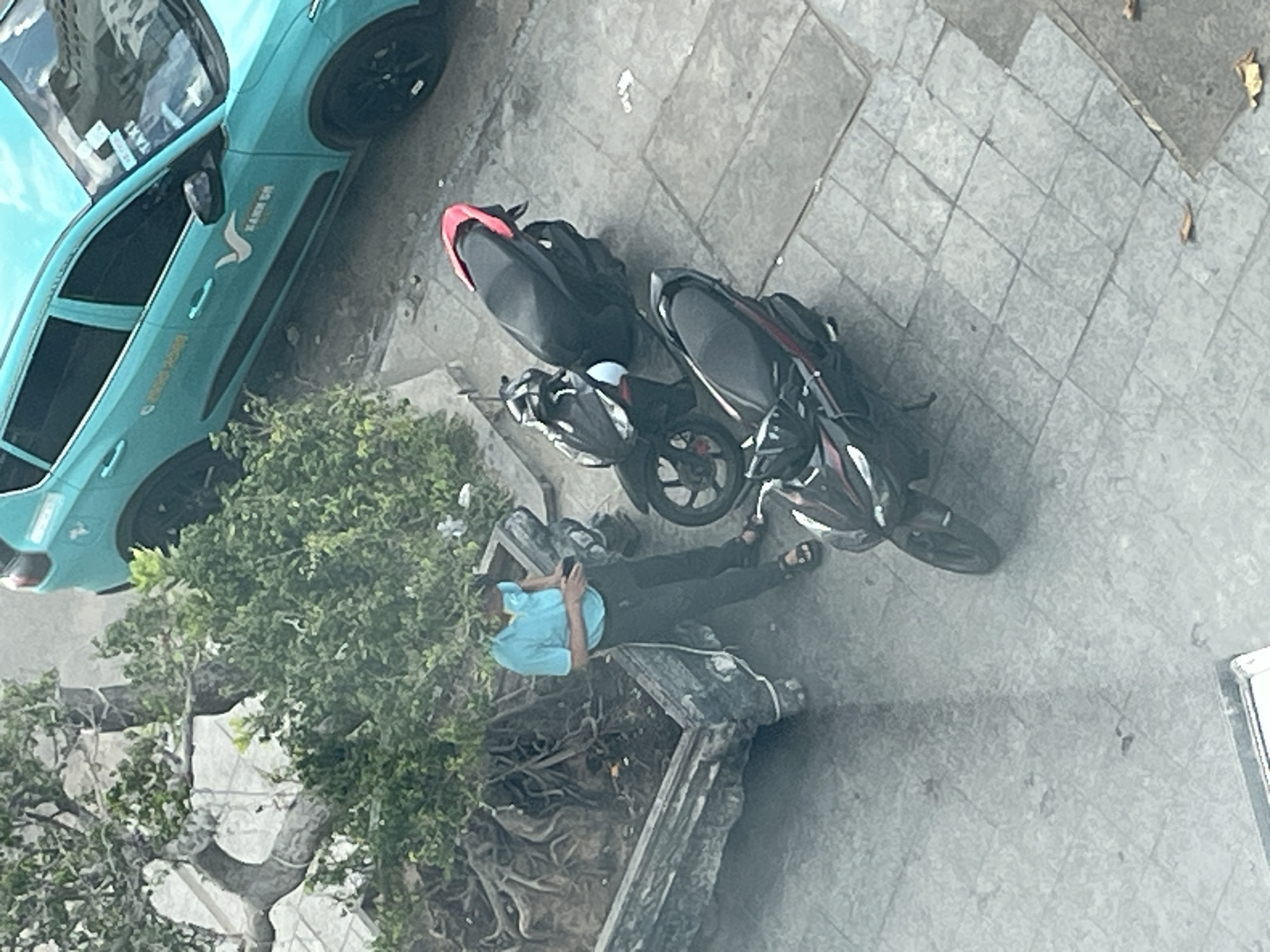In Bac Nha Trang Ward, Vietnam, a man in a light blue shirt and black pants is standing next to a large planter filled with a tree and its exposed roots. He is holding a dark object, possibly a phone, in his hands and appears to be looking at it. Two motorcycles are parked on a tiled surface nearby. One is black with red accents, and the other is also black. A teal-colored car, identified as a taxi, is parked further in the background, partially obscured by foliage. The scene appears to be an outdoor urban setting, possibly a street or a parking area.