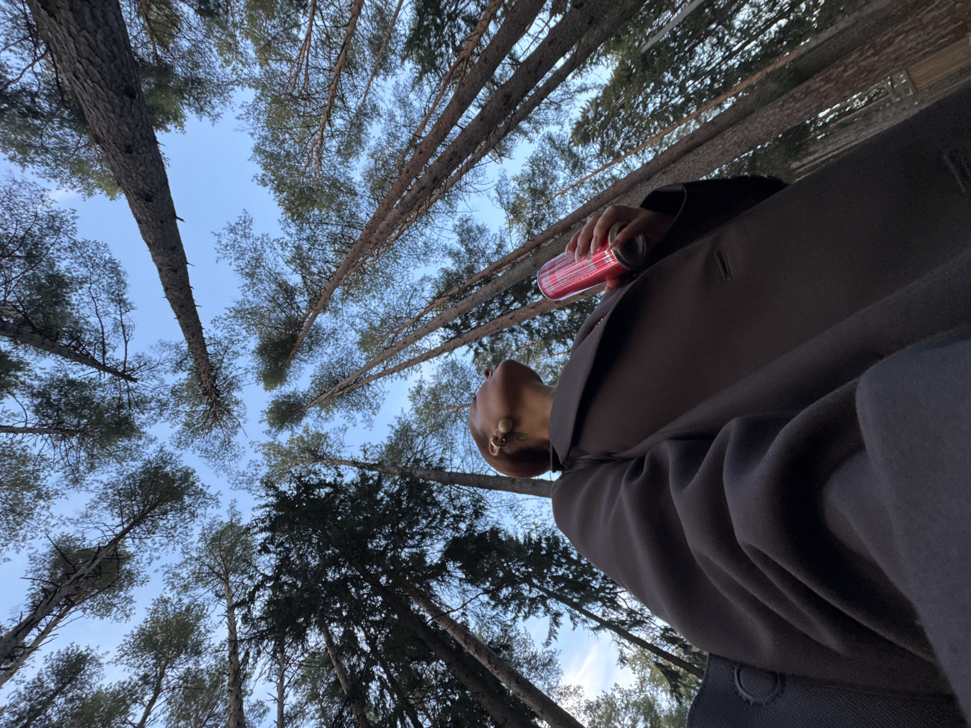 View from a low angle looking up towards the sky in a forest-like environment. Tall trees are visible, some with foliage and some bare. A person is in the foreground, slightly off-center to the right, holding a red-colored can in their hand. The person is wearing a dark brown jacket. The sky is visible through the trees and is a light blue color. No definitive evidence suggests the location is Votkinsk, Russia. No other people or interactions are directly visible.