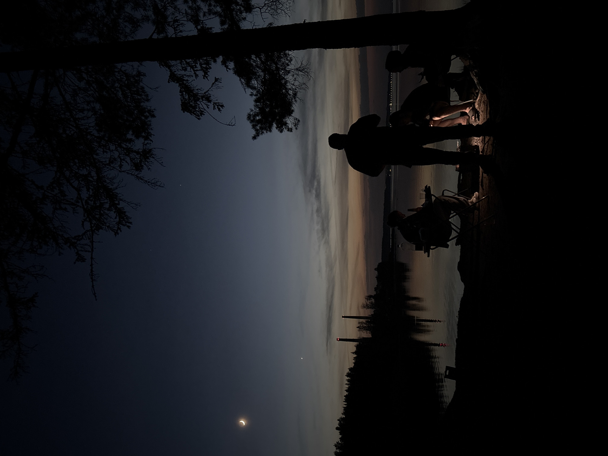 The image shows a night scene on the bank of the Votkinsk Reservoir in Chaikovsky, Russia. Silhouetted figures are visible: one standing, one sitting in a chair, and two others closer to the bank. There appears to be light near the figures on the bank. The sky transitions from dark blue near the bottom of the frame to lighter hues towards the horizon, with a crescent moon visible. Reflections of lights and structures are present on the water surface. Tree branches frame the upper left portion of the image. Two smokestacks are on the horizon.