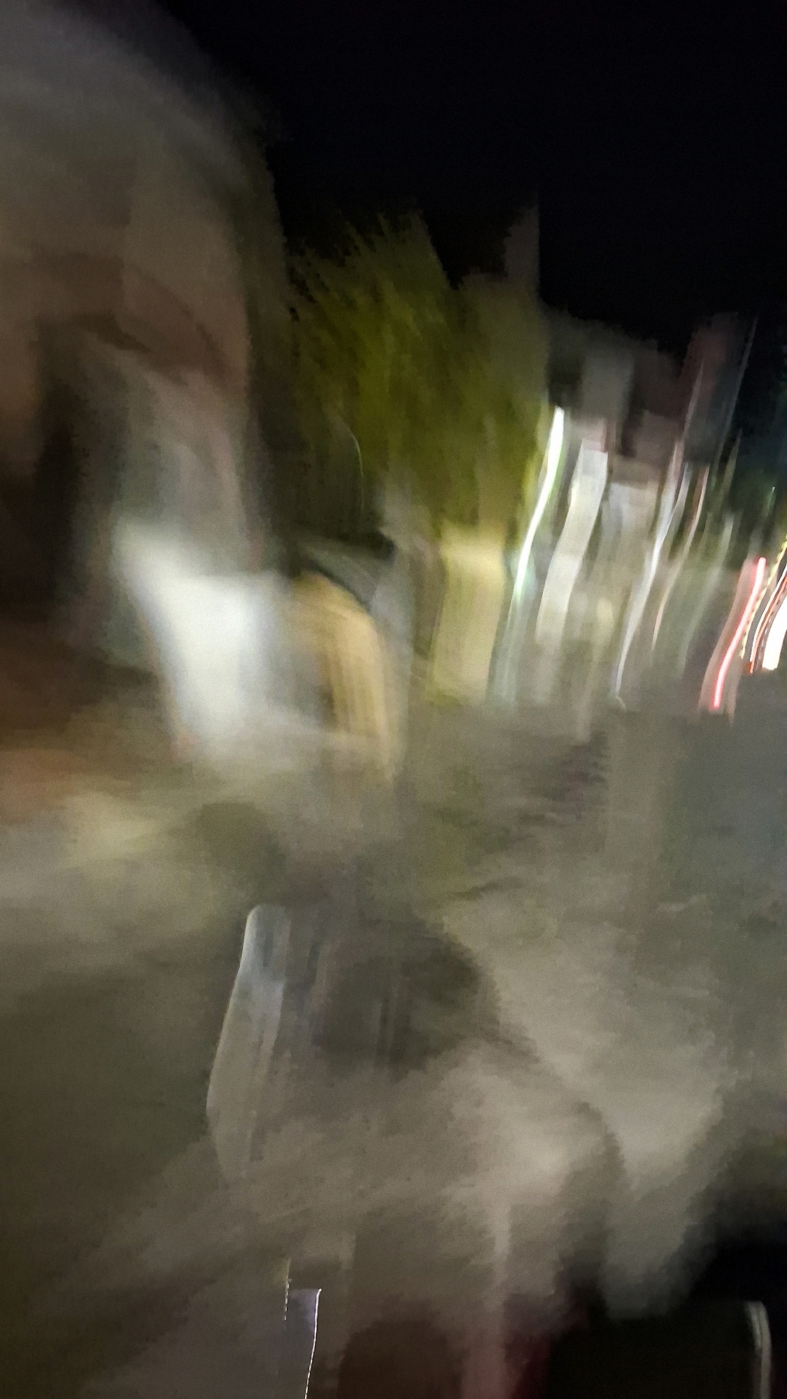 The image captures a blurred night scene, likely from a moving vehicle, with streaks of light indicating artificial illumination. In the foreground, a muted, out-of-focus shape suggests a person or a substantial object. The background is a dark expanse, with vertical streaks of white and red light on the right side, possibly from traffic. Greenish blurs in the middle ground hint at foliage or trees illuminated by streetlights. The overall impression is one of motion and low light conditions in an urban or semi-urban environment. No specific landmarks or details definitively place the image in Madurejo, Indonesia.