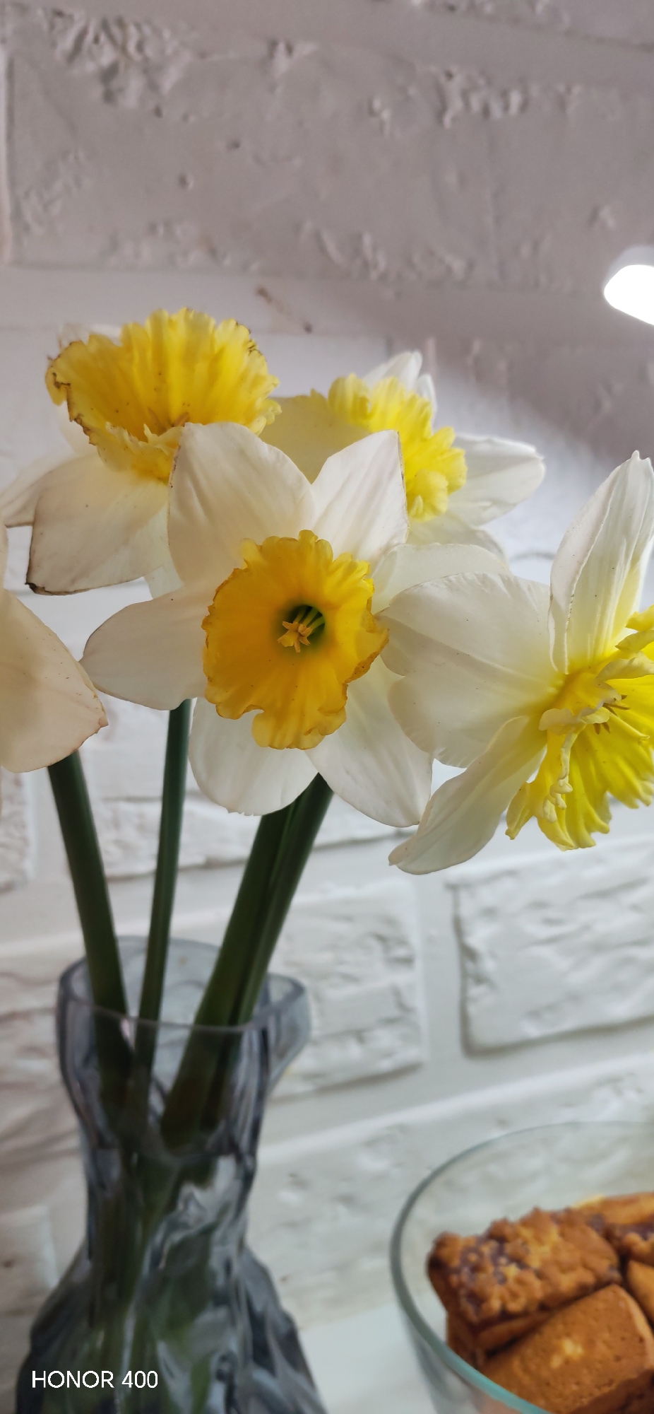 This indoor still life image, taken in Noviy, Russia, features a bouquet of daffodils in a vase. The daffodils have striking white petals and prominent ruffled yellow to orange trumpets, with one flower in the foreground showing a bright yellow trumpet and a green center. The flowers are arranged in a translucent, dark gray or blue glass vase with a textured surface, placed on a light-colored surface, possibly a table or shelf.
The background is dominated by a white, textured wall designed to resemble stacked bricks. In the upper right corner, a partial view of a white, artificial light fixture is visible. To the right of the vase, a clear glass bowl is partially in frame, containing several light brown pastries or cookies, some with a darker, possibly fruit or jam, topping.
No human subjects are present, and no specific activity is occurring; it's a static display. The bright lighting suggests a well-lit space, though the presence of an artificial light source means the time of day is not definitively indicated as natural light. The text "HONOR 400" is visible in the bottom left corner, indicating the camera or phone model used to capture the image.